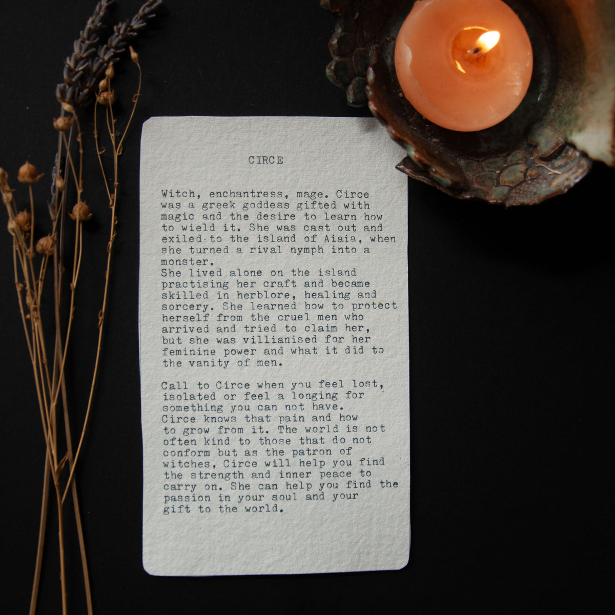 CIRCE ORACLE CARD on textured white cotton rag paper, featuring a black typewritten story and guidance about the goddess