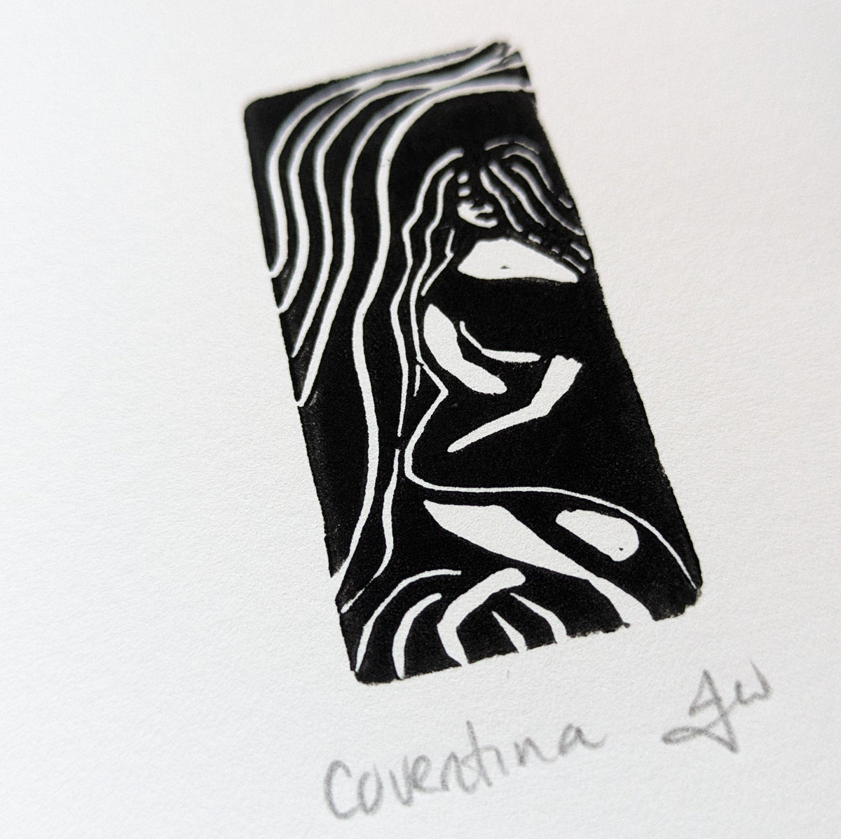 COVENTINA BRITISH WATER GODDESS miniature black linocut print showing a flowing-haired figure among curving water lines