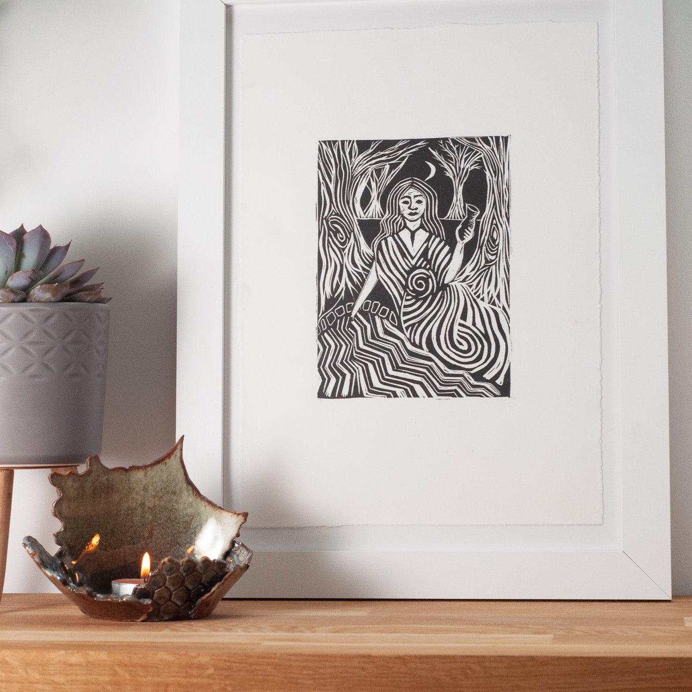 GODDESS COVENTINA | Original Linocut Print in white frame