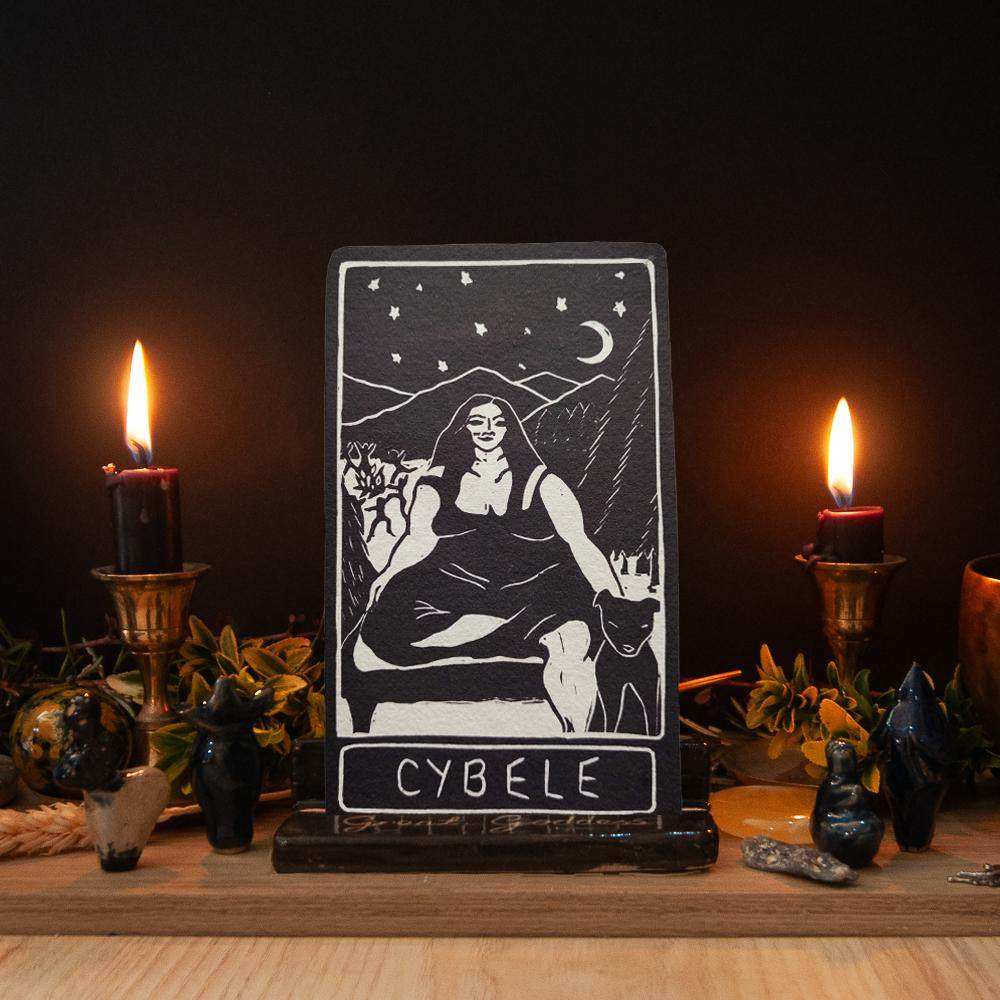 CYBELE ALTAR CARD featuring a black-and-white linocut goddess seated with an animal beneath a crescent moon and stars