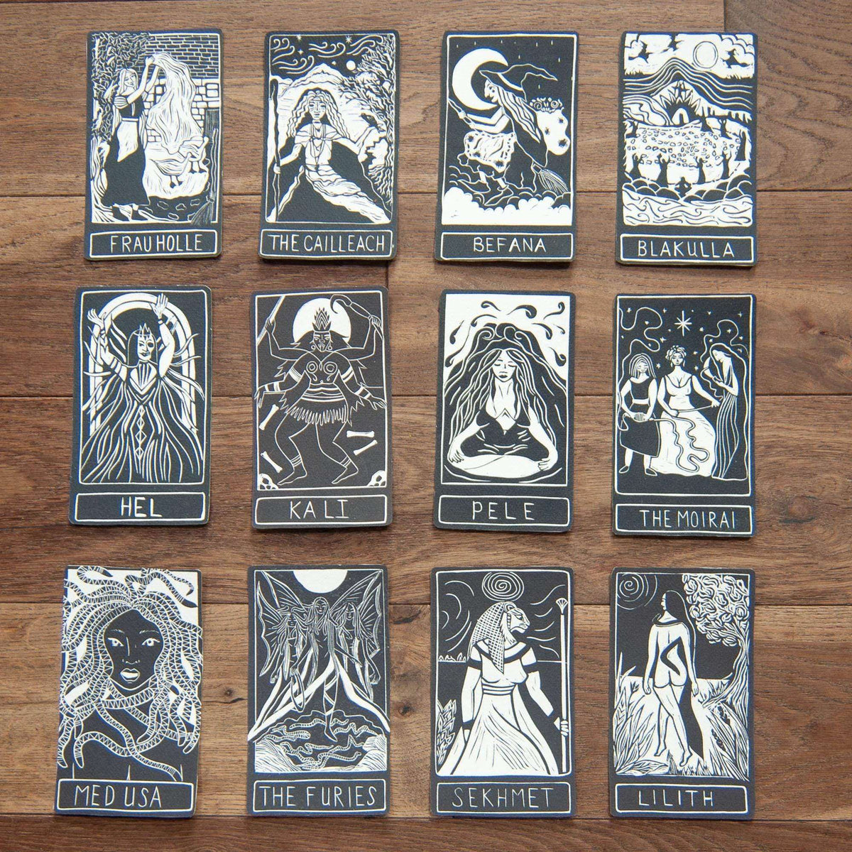 CYBELE ALTAR CARD featuring a black-and-white linocut-style goddess illustration with ornate mythic details