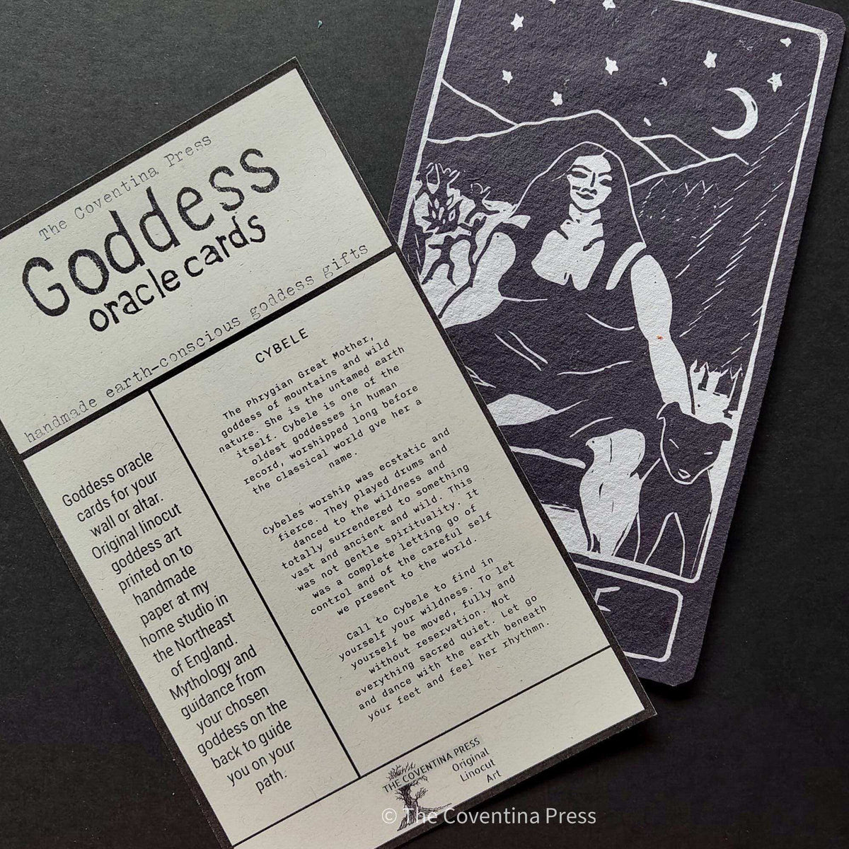CYBELE ALTAR CARD with a black-and-white linocut goddess beneath a crescent moon and stars, plus printed guidance