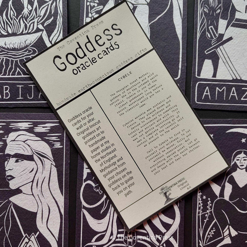 CYBELE ALTAR CARD, cream goddess oracle card with black linocut-style text and a printed mythology and guidance message on the reverse.