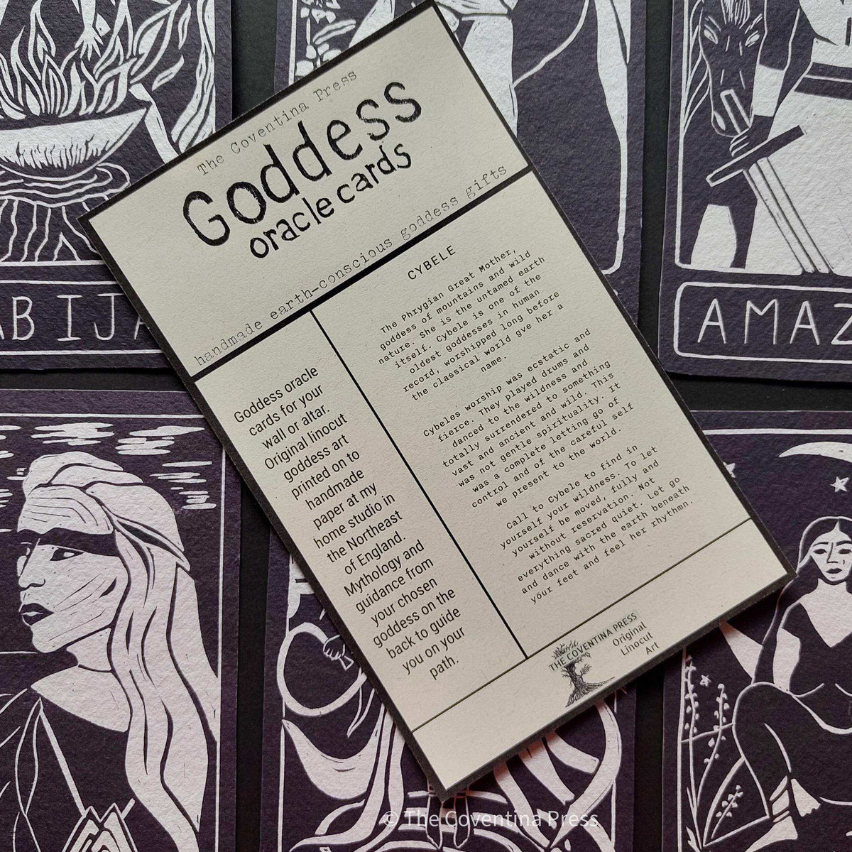 CYBELE ALTAR CARD, cream goddess oracle card with black linocut-style text and a printed mythology and guidance message on the reverse.