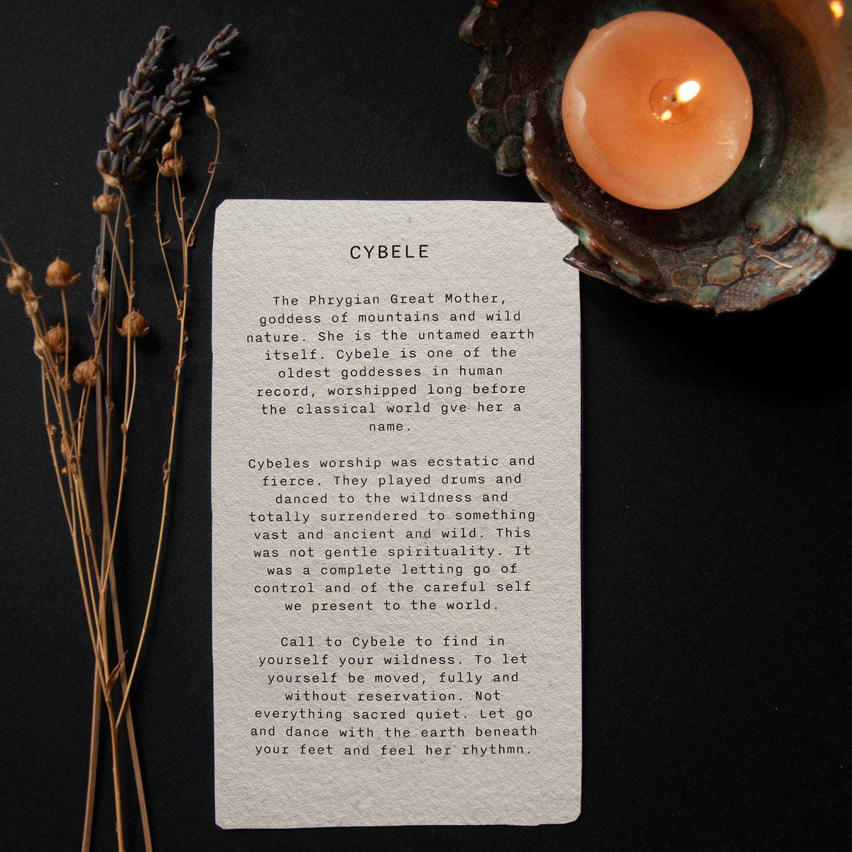 CYBELE ALTAR CARD printed on textured cream cotton rag card, with a centered black text design about the goddess