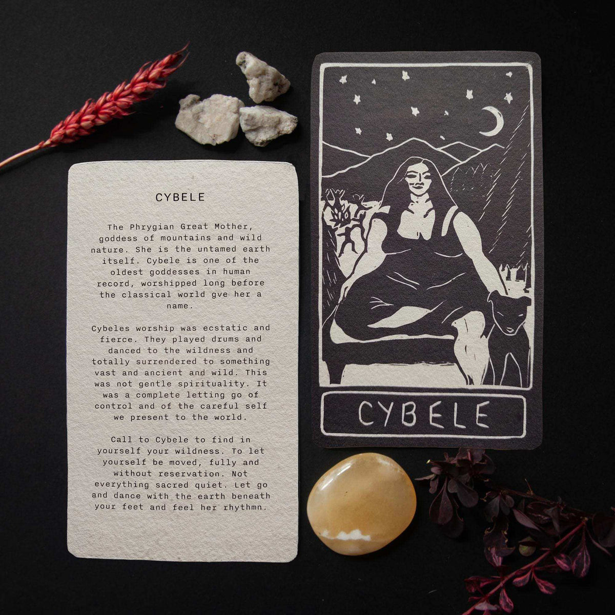 CYBELE ALTAR CARD in charcoal with a white linocut goddess, mountains, crescent moon and deer; text card included