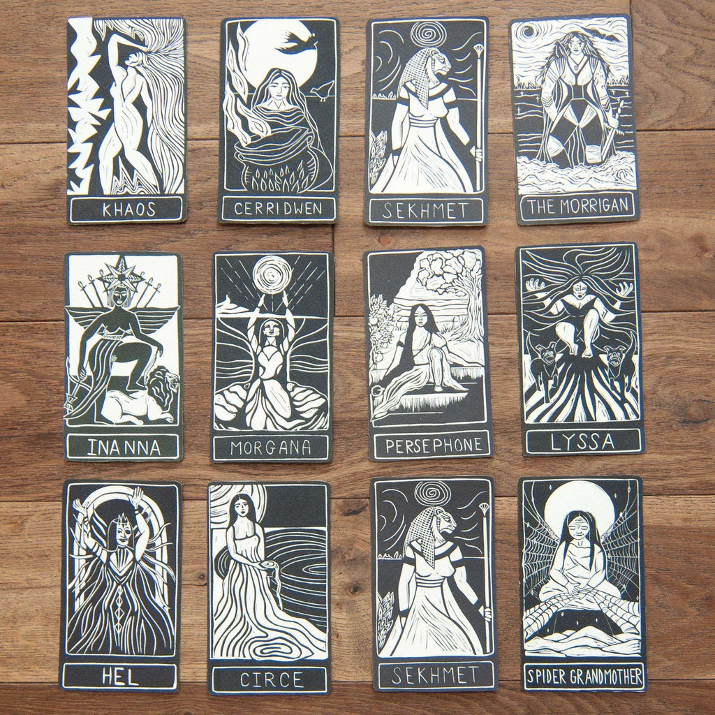 CYBELE ALTAR CARD among mythic oracle cards, illustrated in monochrome linocut style with fine engraved lines and goddess figures