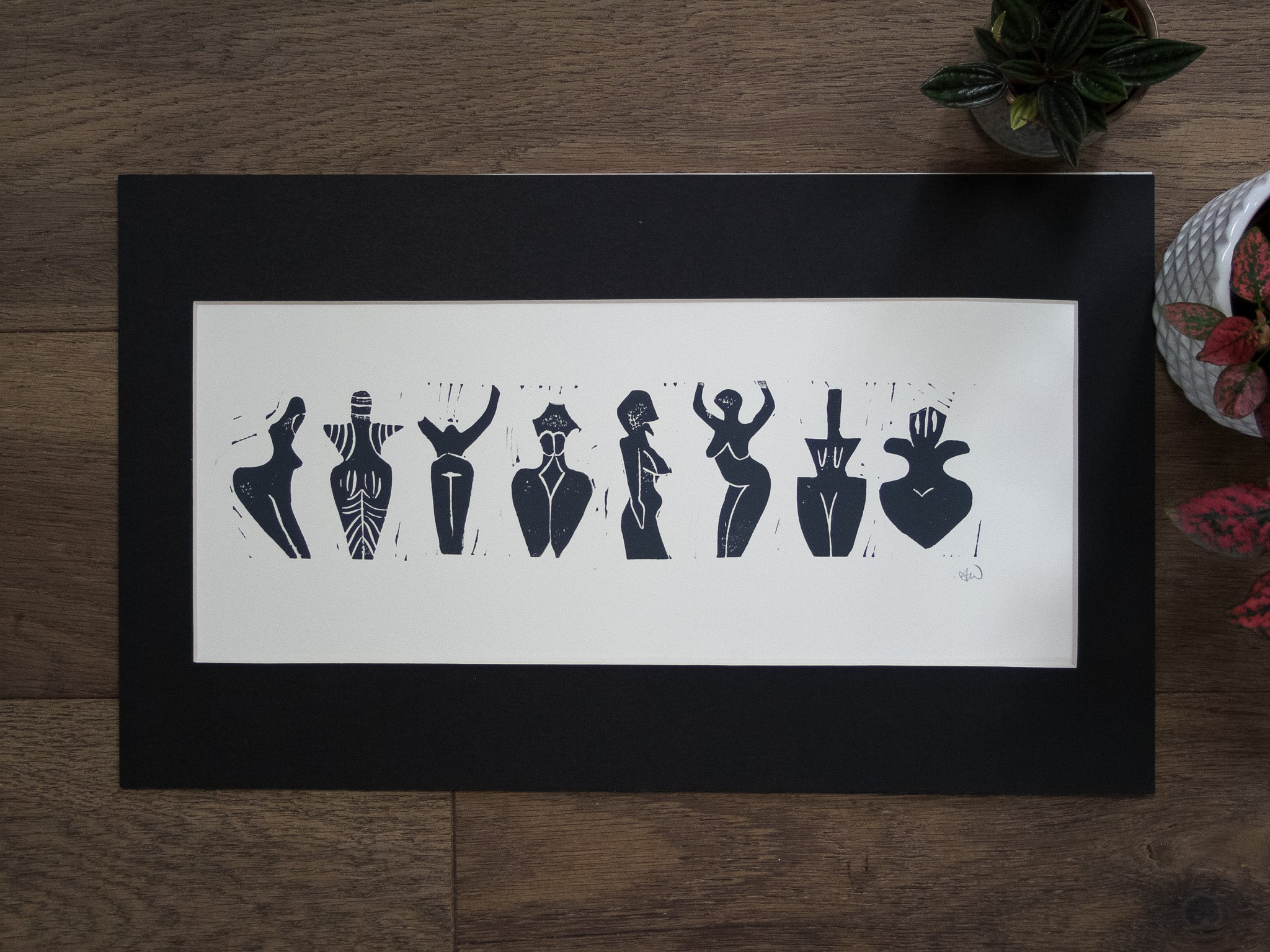 DANCING GODDESSES | PREHISTORIC | Original Linocut Print with a black mount
