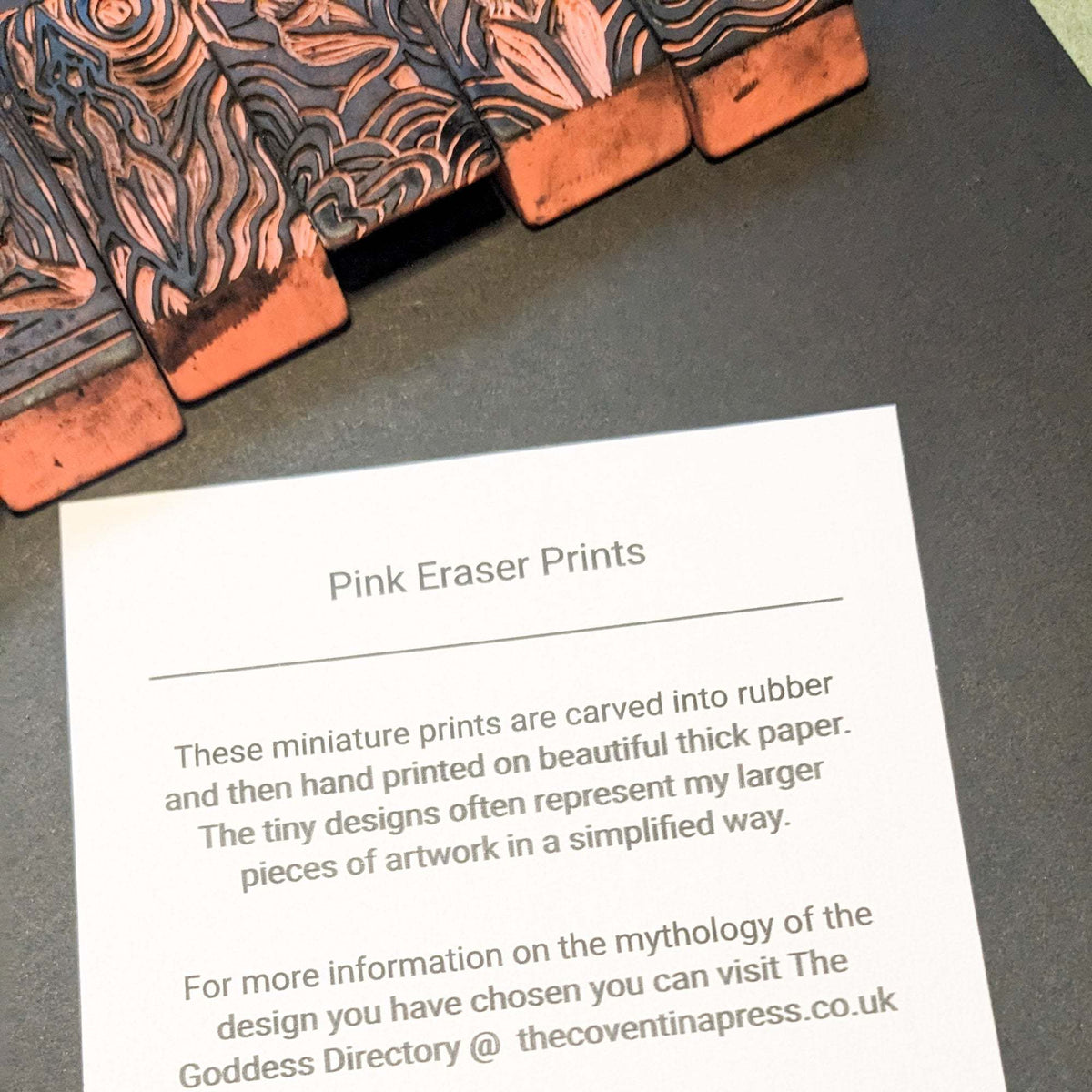 ELEMENTAL GODDESS miniature linocut prints with intricate carved patterns on pink rubber erasers