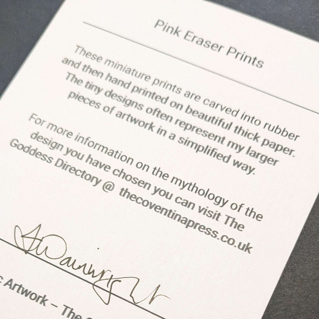 ELEMENTAL GODDESS miniature print information card with black text and a handwritten signature on white paper