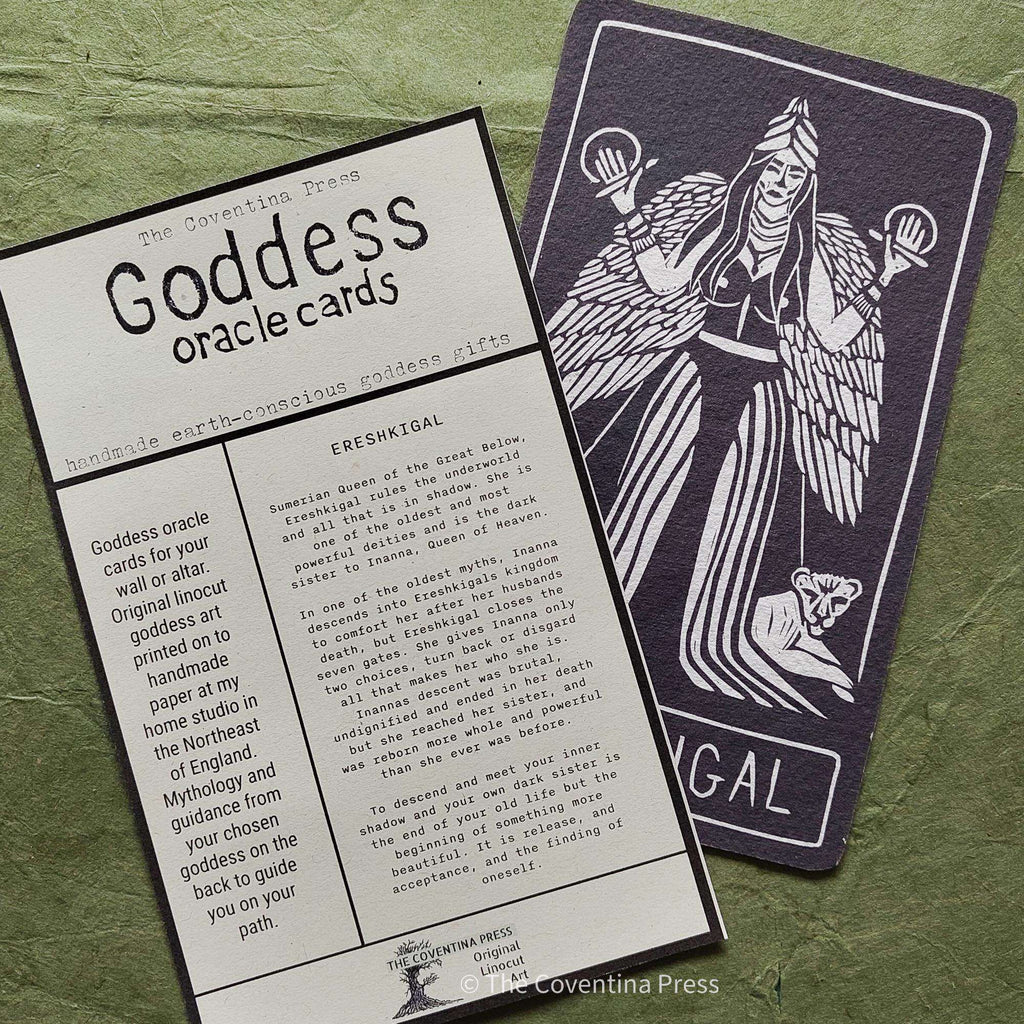 ERESHKIGAL ALTAR CARD printed linocut goddess oracle design in black and cream, featuring a winged figure