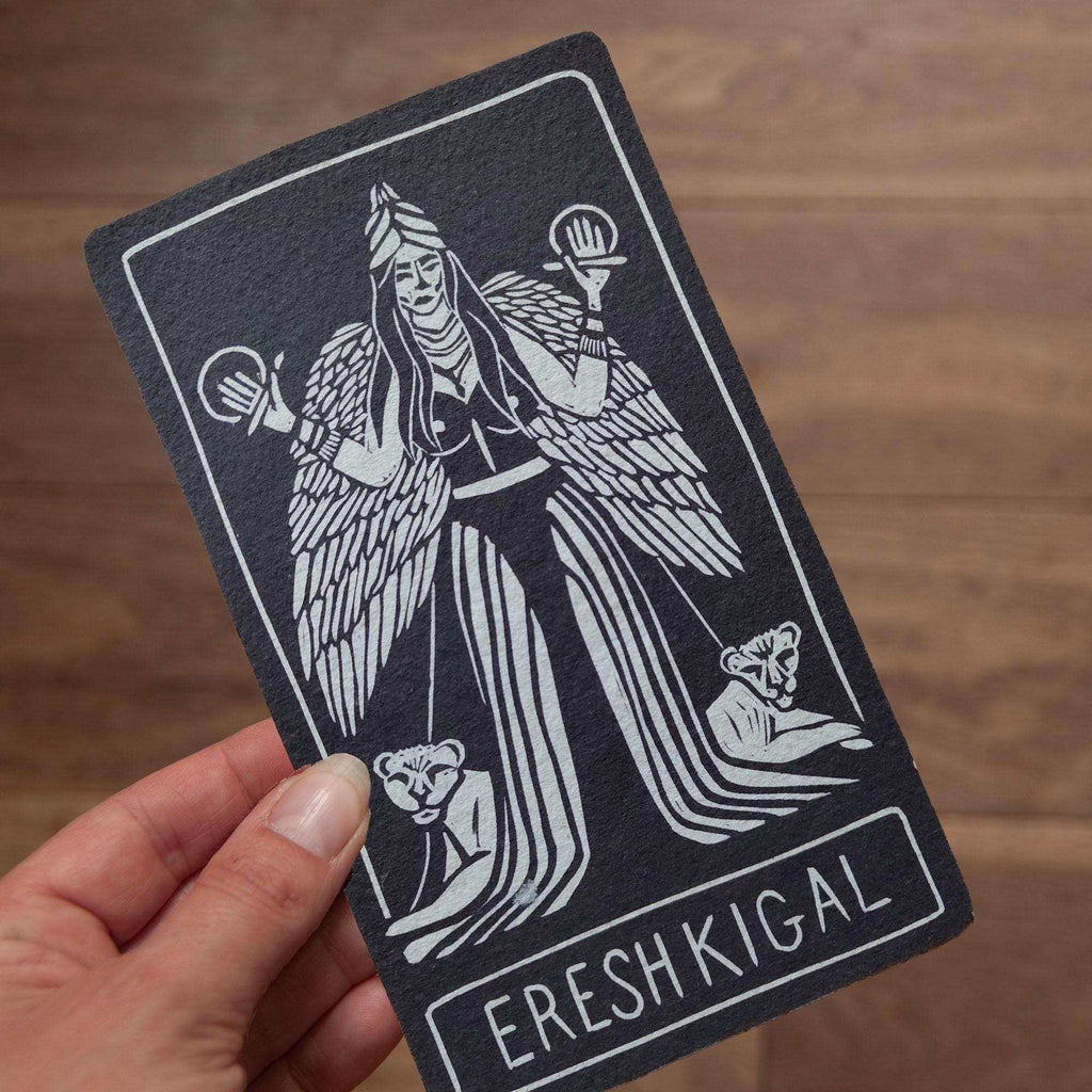 ERESHKIGAL ALTAR CARD in black with a white linocut-style winged goddess illustration and printed name
