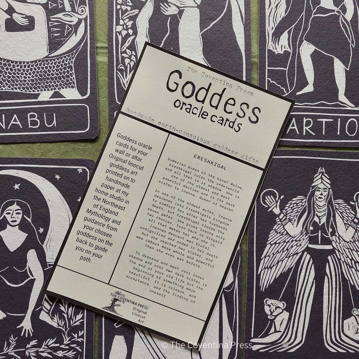 ERESHKIGAL ALTAR CARD with monochrome linocut goddess artwork and printed oracle guidance on an ivory card