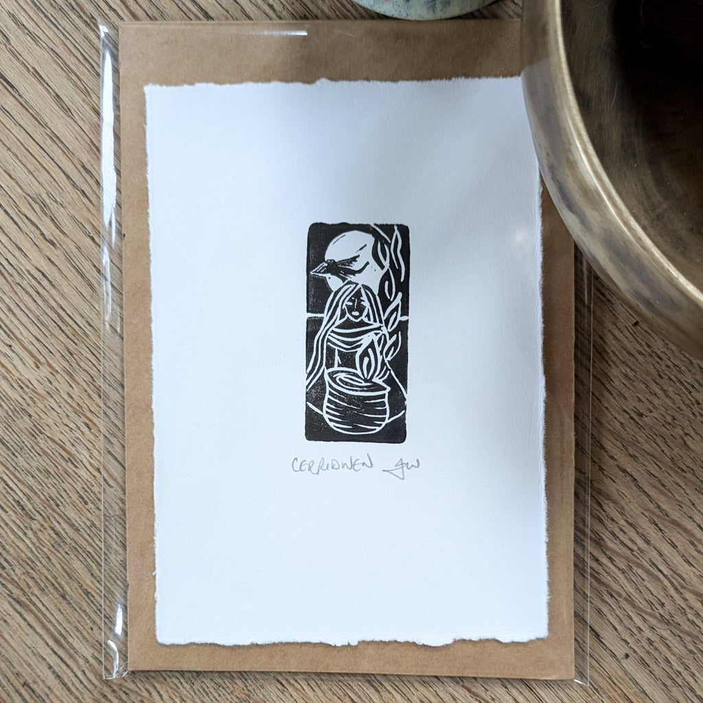 GODDESS CERRIDWEN miniature print in black ink, featuring a carved figure and cauldron on white paper