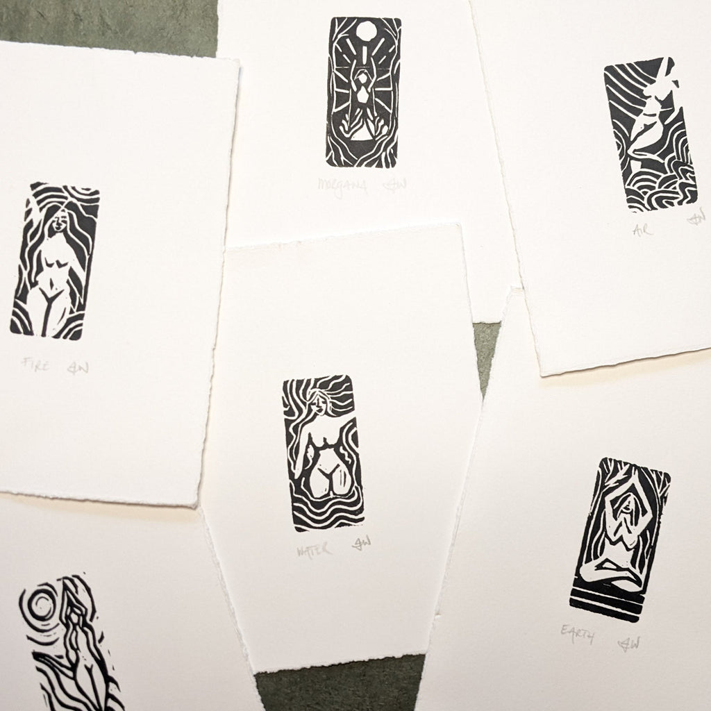 GODDESS CERRIDWEN miniature black linocut print on white paper, featuring a stylized woman framed by flowing lines