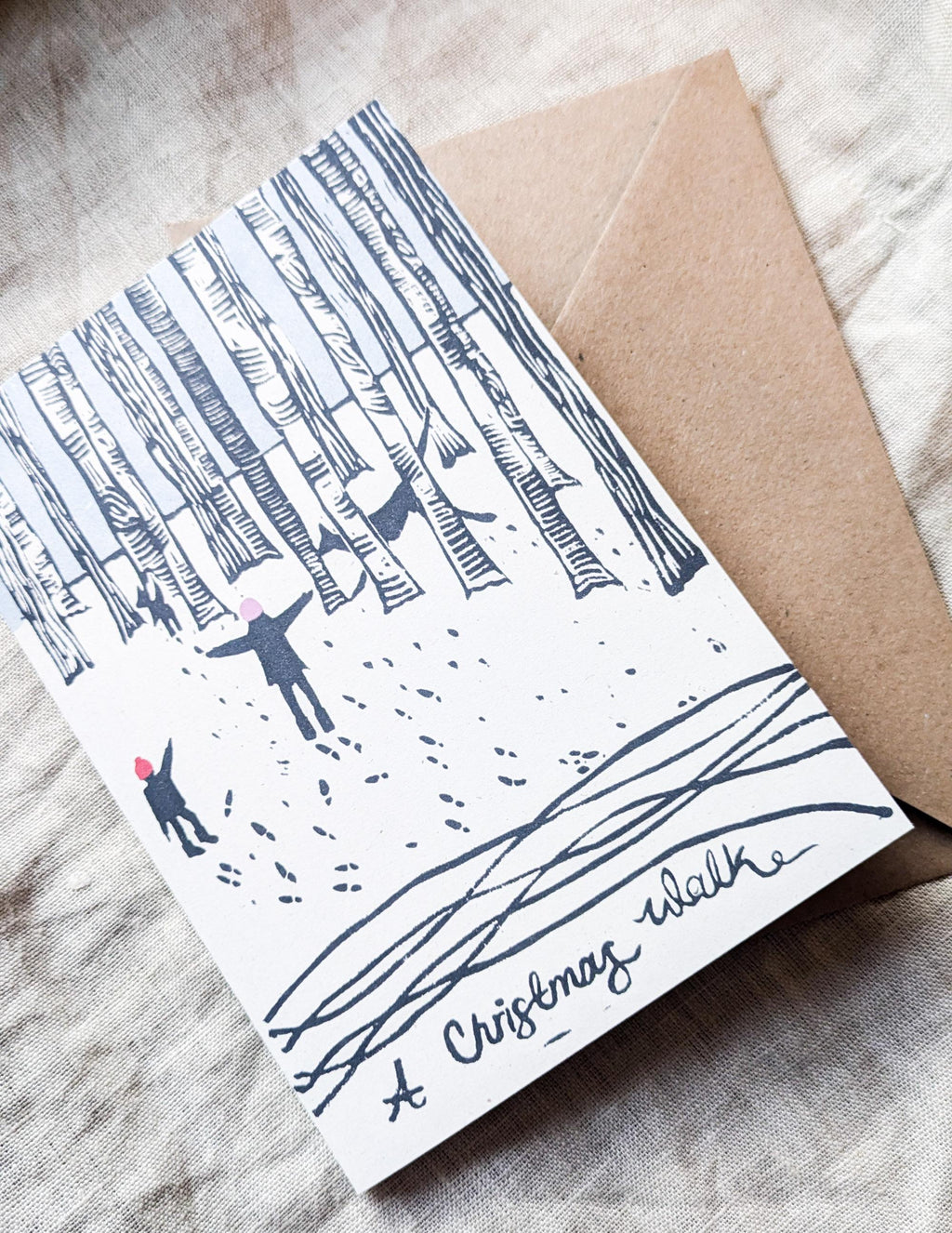 Christmas card, A Christmas Walk with Dogs, linocut card design family Christmas card with kids and dogs