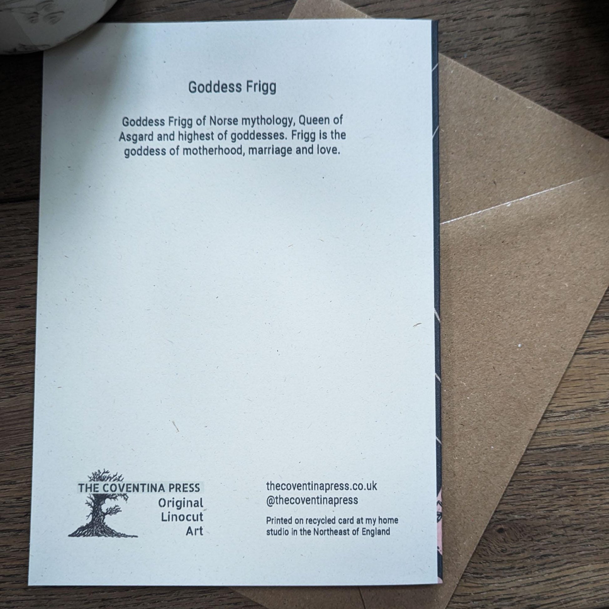 Linocut design Goddess Frigg Greeting card with silver moon, older woman white hair with braids