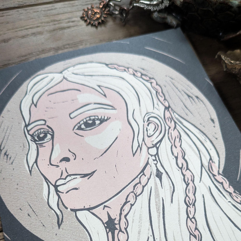 Linocut design Goddess Frigg Greeting card with silver moon, older woman white hair with braids