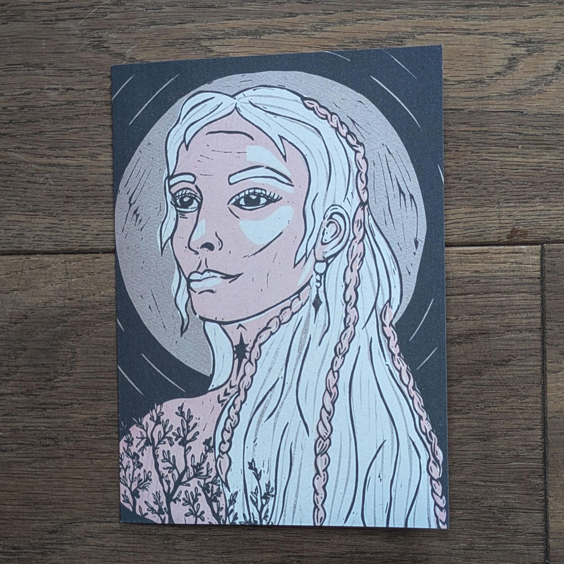 Linocut design Goddess Frigg Greeting card with silver moon, older woman white hair with braids