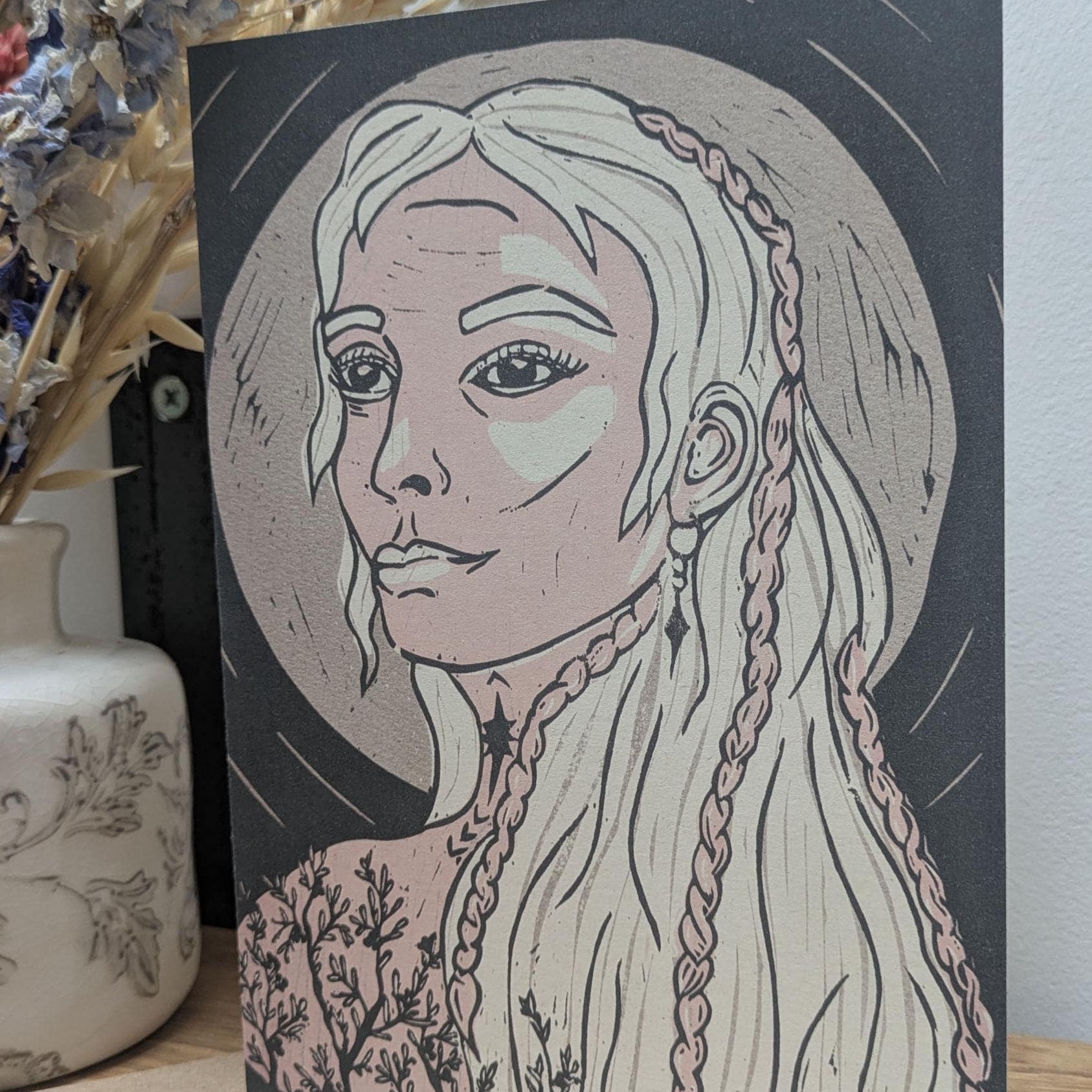 Linocut design Goddess Frigg Greeting card with silver moon, older woman white hair with braids