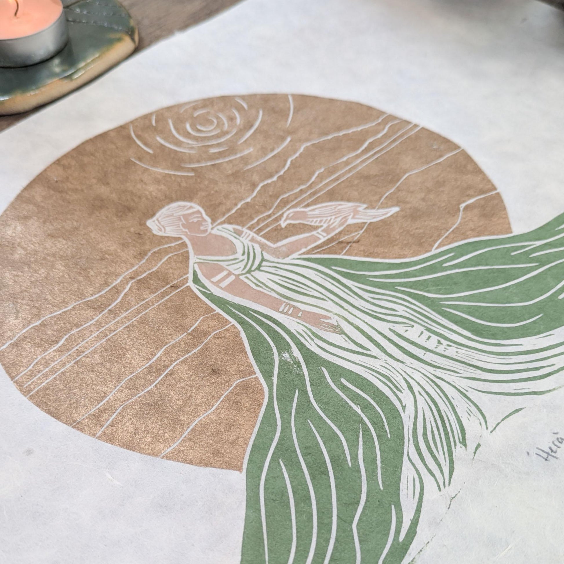 Goddess Hera with golden sun and long green robe linocut print
