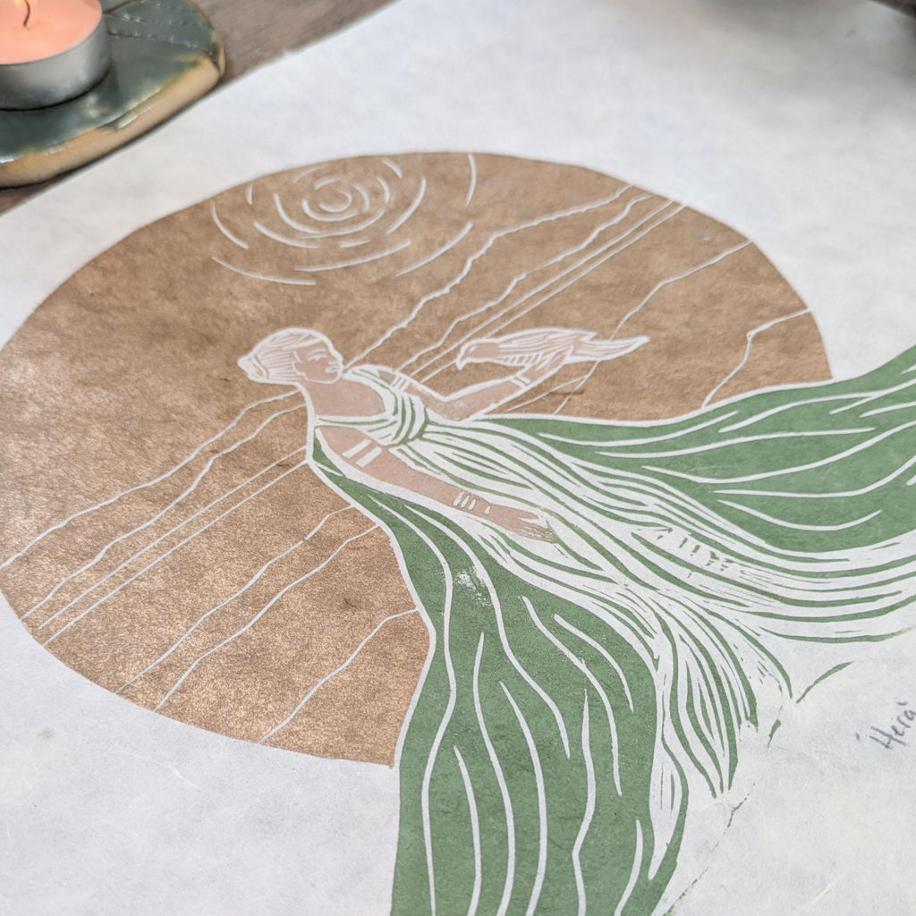 Goddess Hera with golden sun and long green robe linocut print