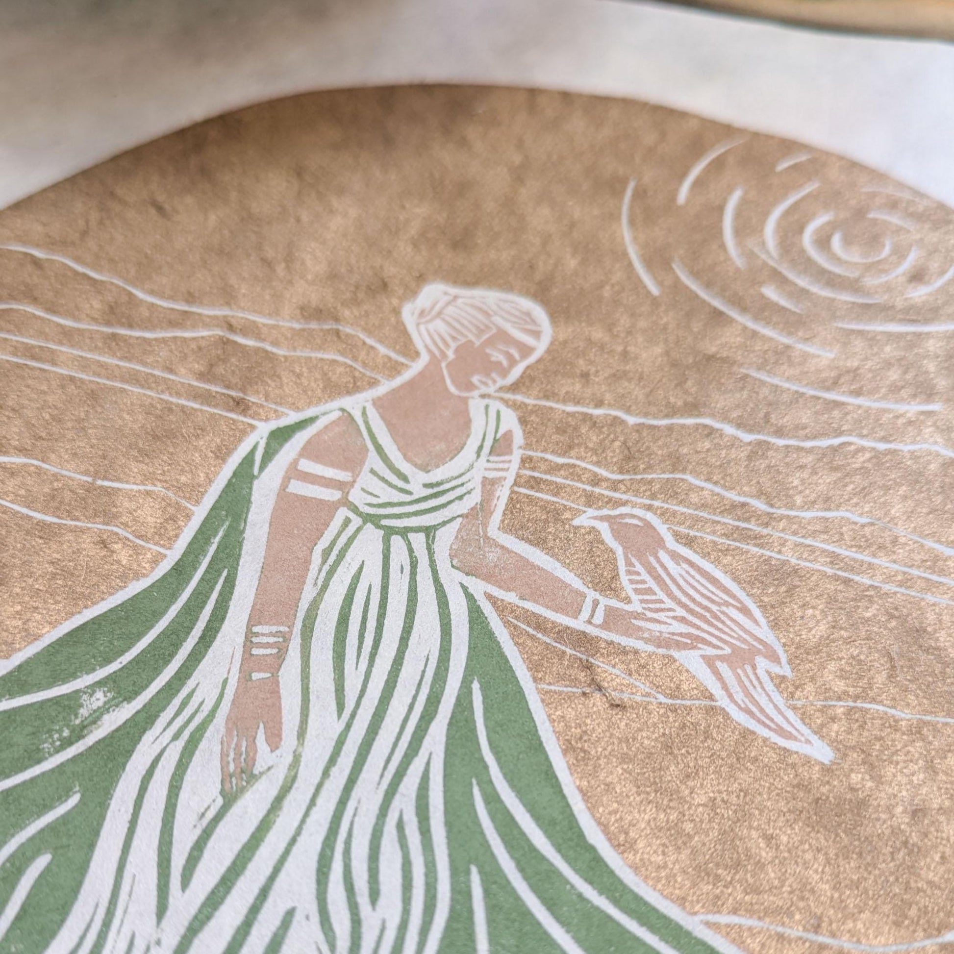 Goddess Hera with golden sun and long green robe linocut print