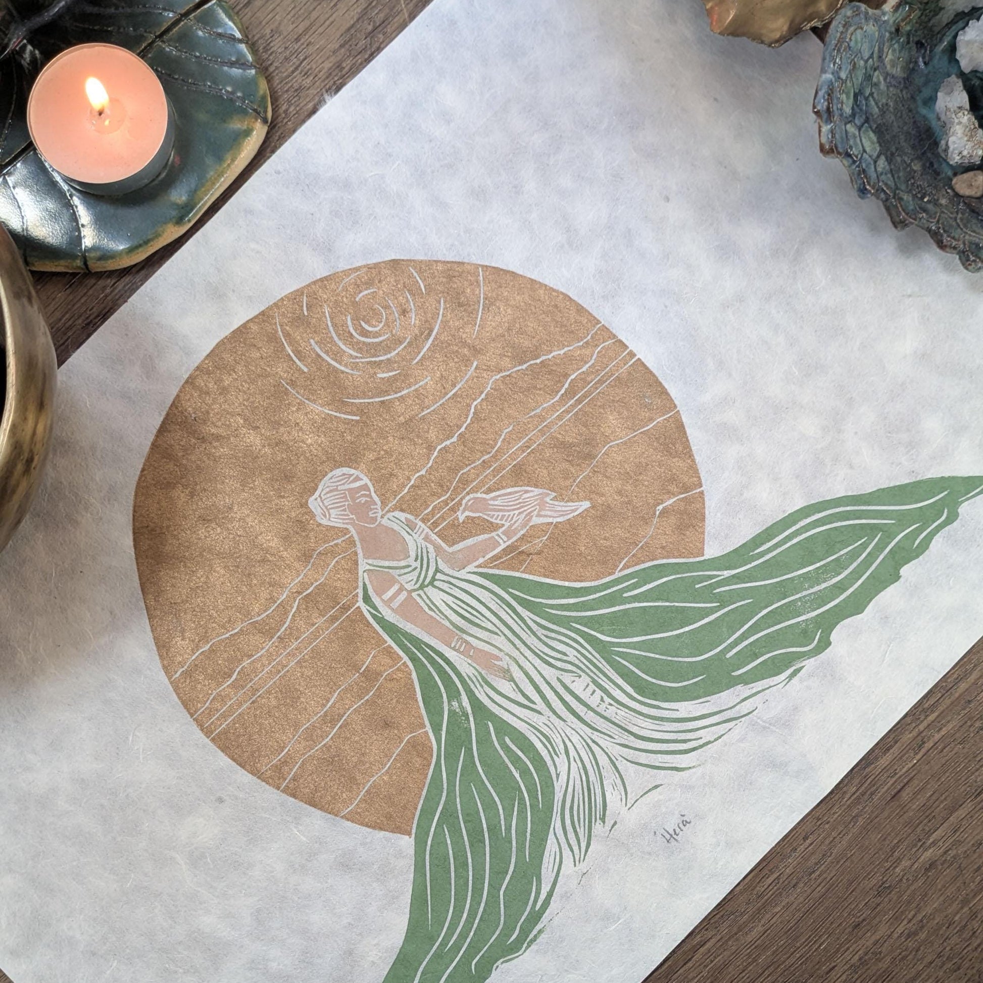 Goddess Hera with golden sun and long green robe linocut print