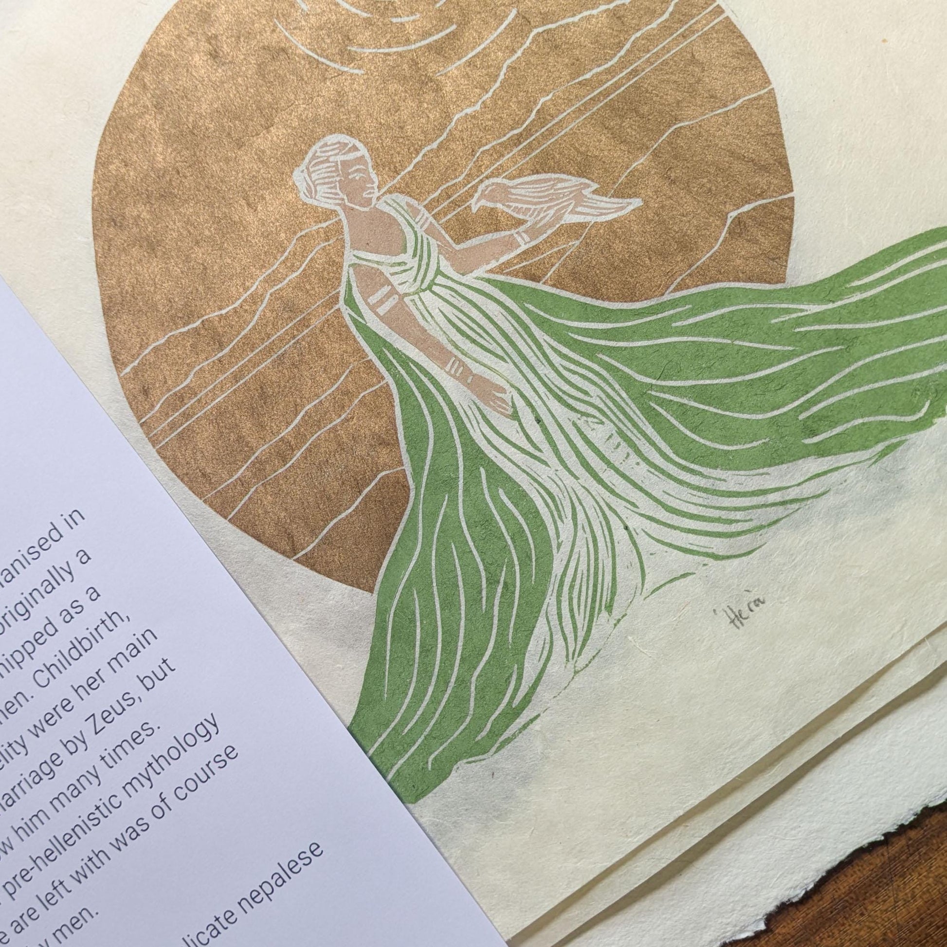 Goddess Hera with golden sun and long green robe linocut print