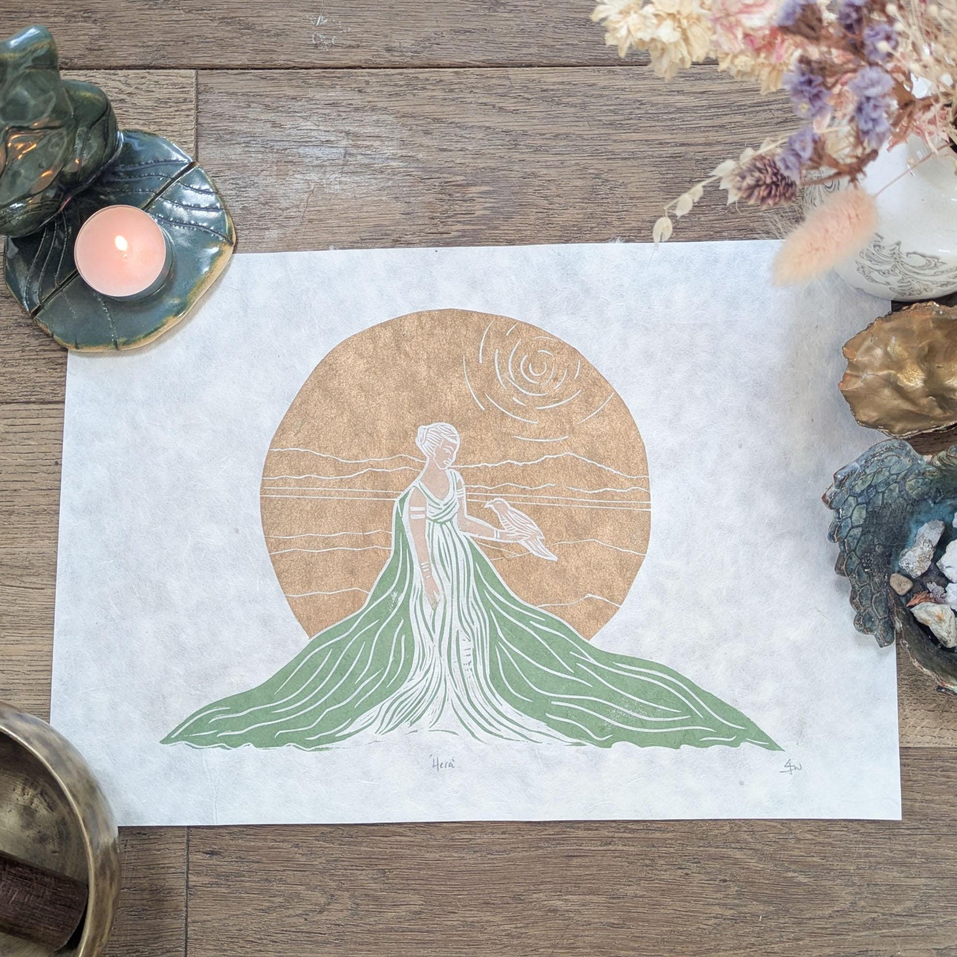 Goddess Hera with golden sun and long green robe linocut print