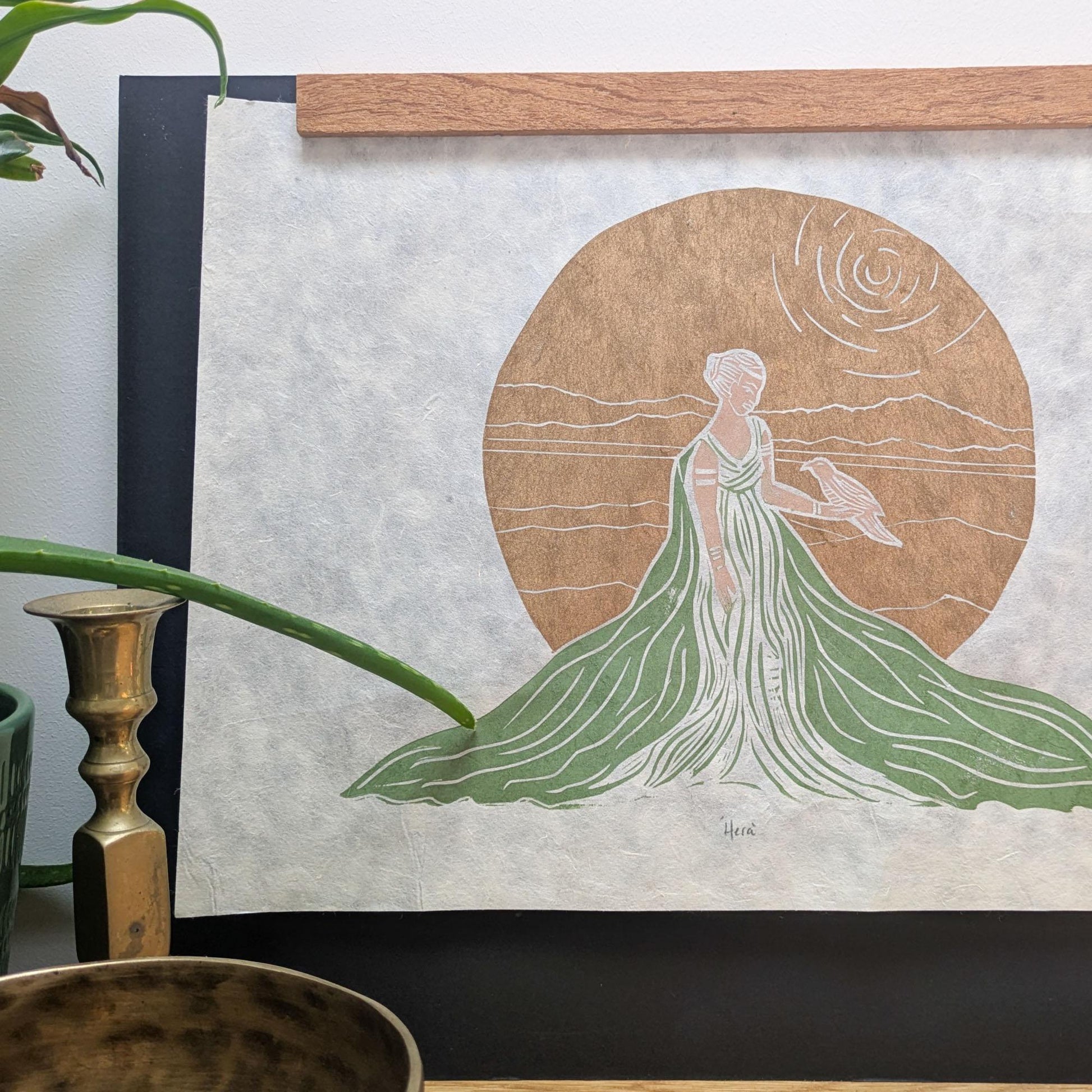 Goddess Hera with golden sun and long green robe linocut print