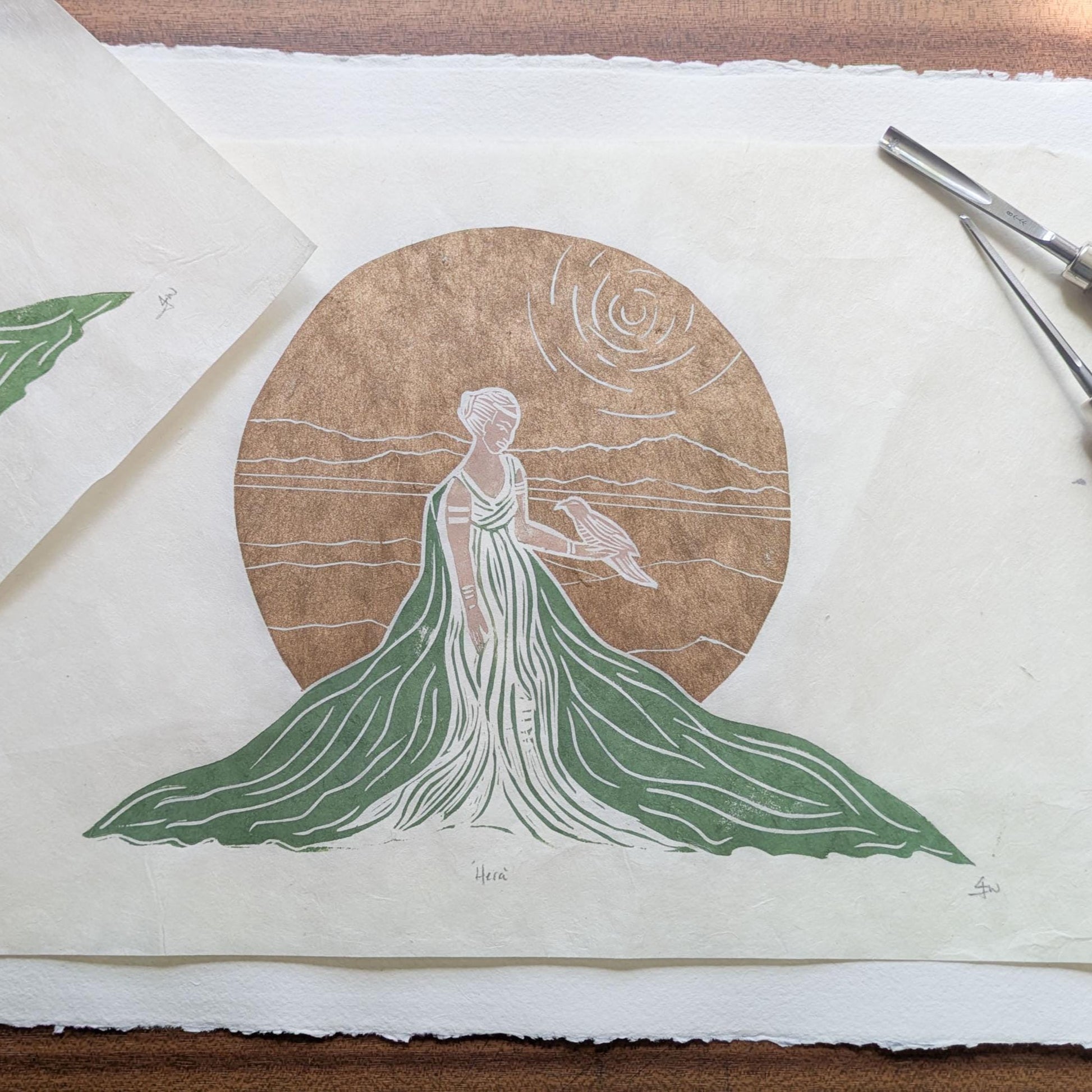 Goddess Hera with golden sun and long green robe linocut print