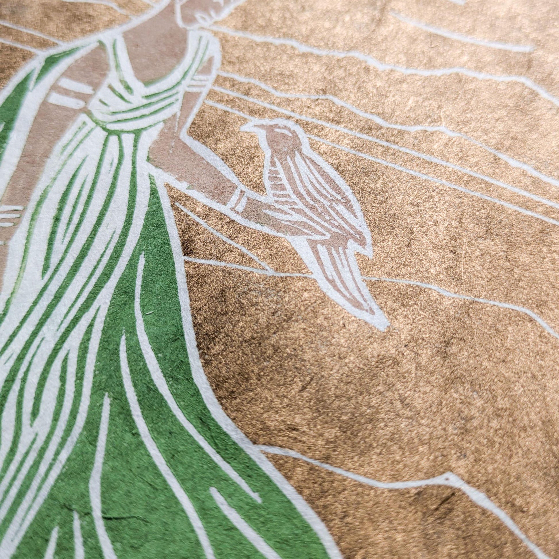 Goddess Hera with golden sun and long green robe linocut print