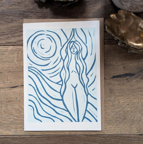 blue greeting card with naked woman the moon and water around her achelois
