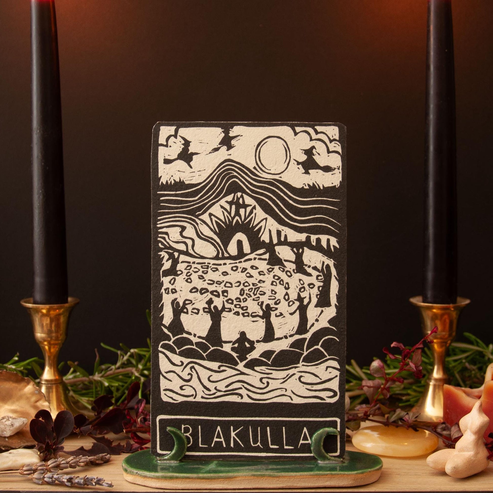 Blakulla altar card | Goddess oracle card | handmade linocut art, eco-friendly gifts.