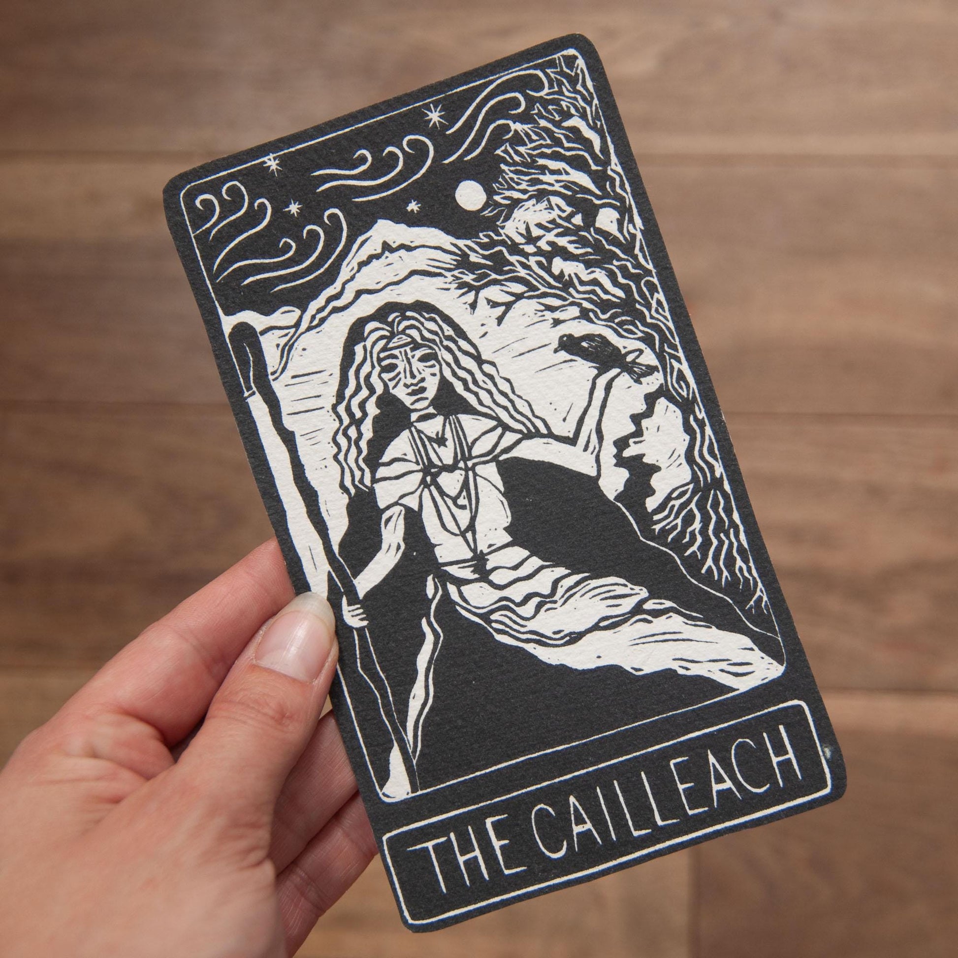 The Cailleach, ancient celtic hag | Winter Crone | Handmade goddess oracle cards, linocut art, eco-friendly gifts.