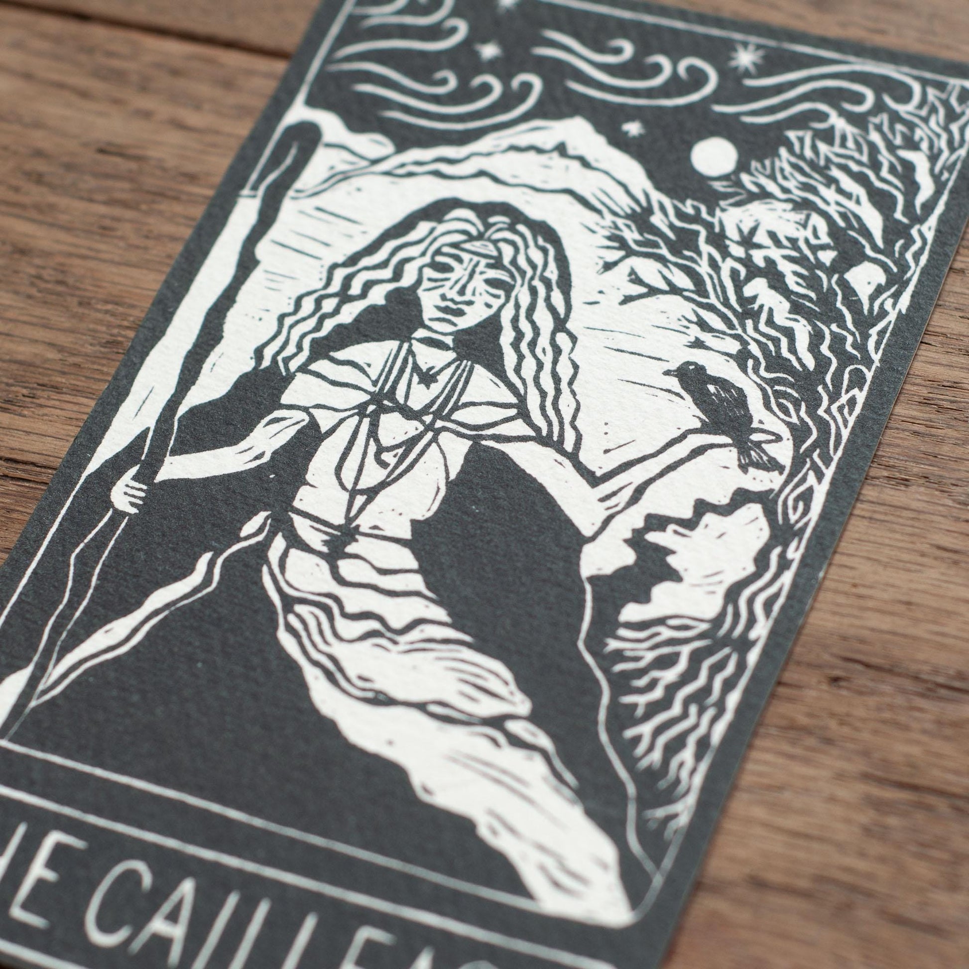 The Cailleach, ancient celtic hag | Winter Crone | Handmade goddess oracle cards, linocut art, eco-friendly gifts.