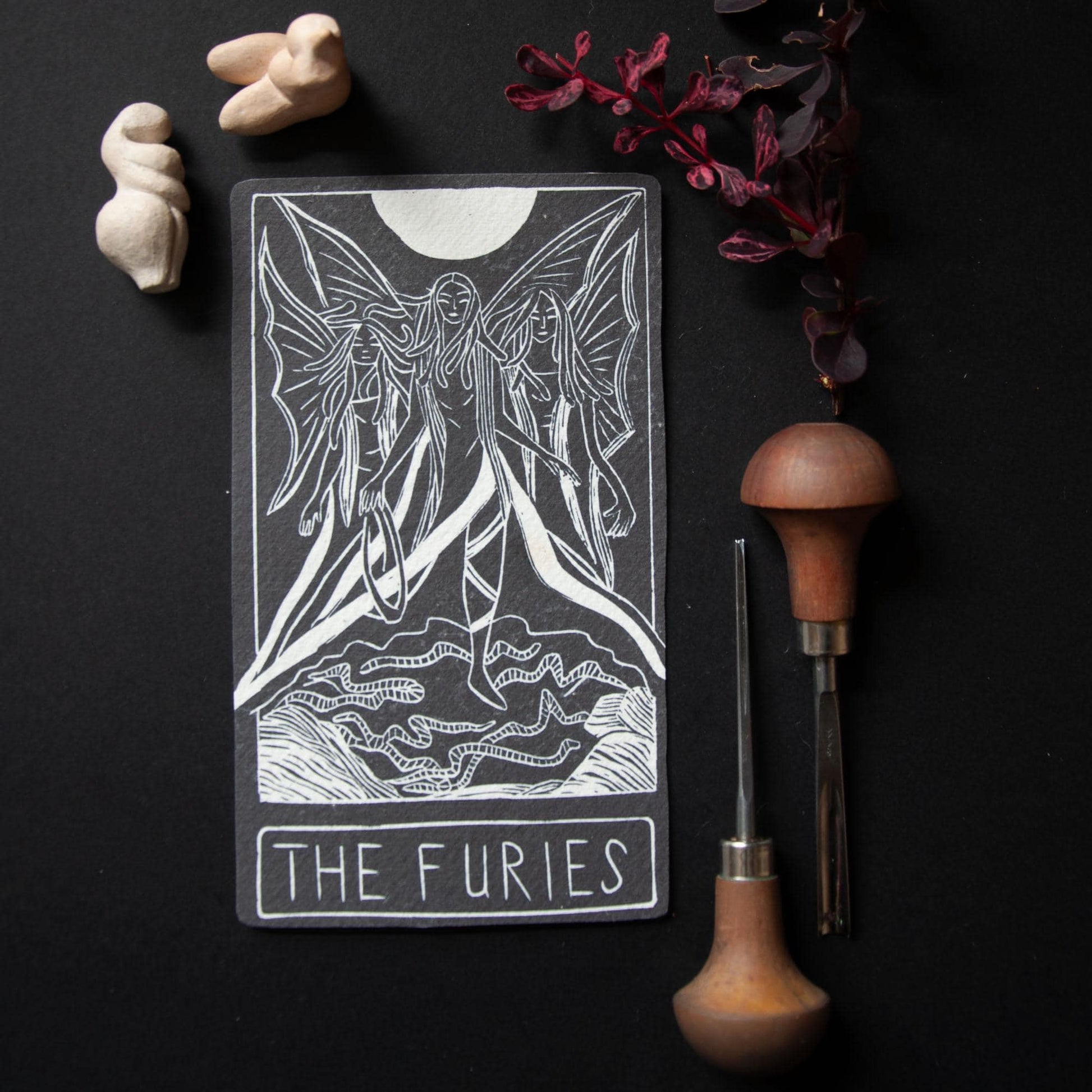 The Furies, Greek goddesses of divine justice. Goddess guidance oracle card, Greek Mythology, handmade linocut art, eco-friendly gifts.