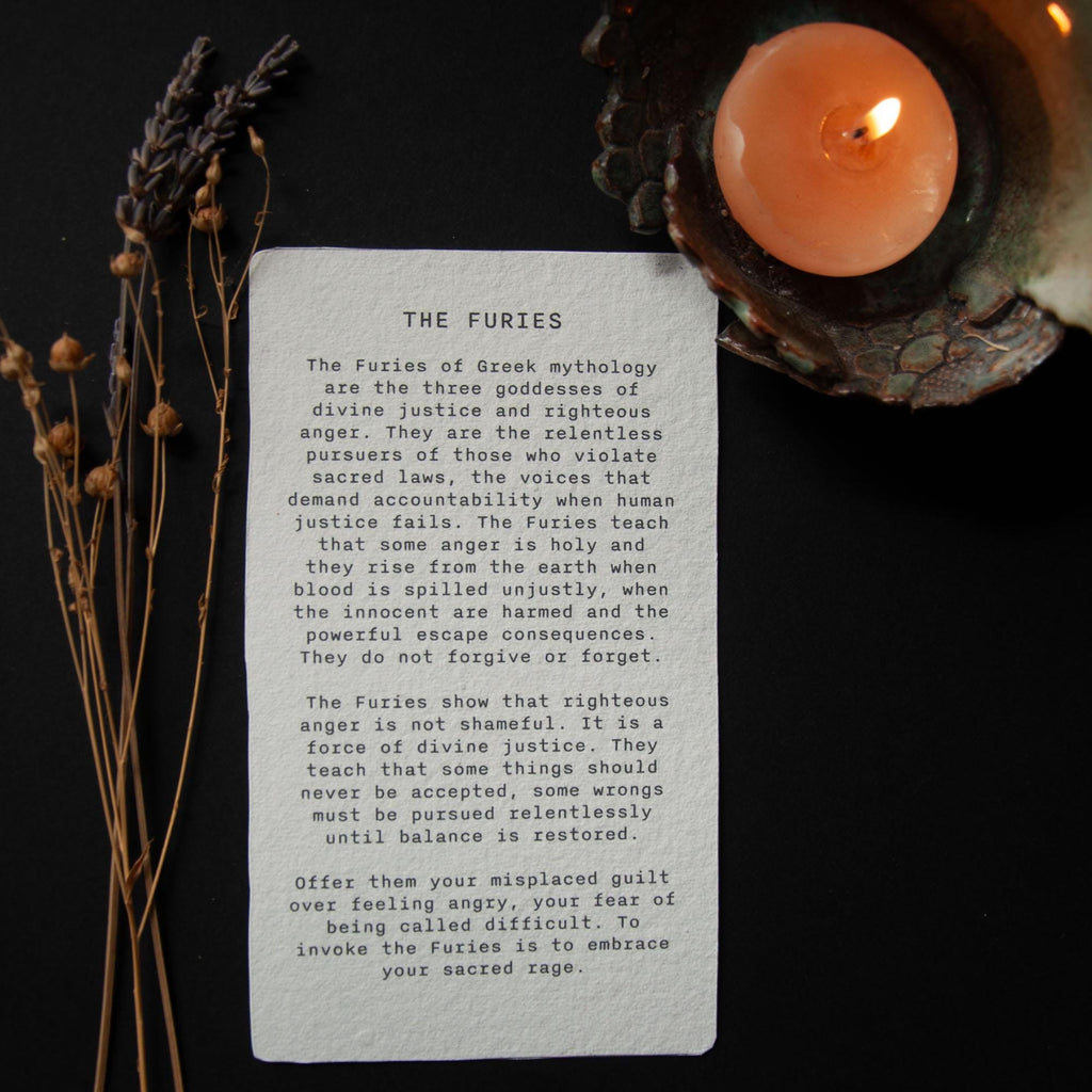 The Furies, Greek goddesses of divine justice. Goddess guidance oracle card, Greek Mythology, handmade linocut art, eco-friendly gifts.
