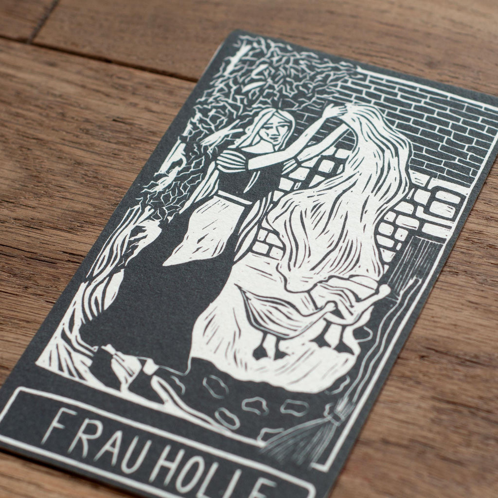 Frau Holle, Holda, Germanic goddess of domestic arts and winter Goddess guidance crone oracle card,  handmade linocut art.