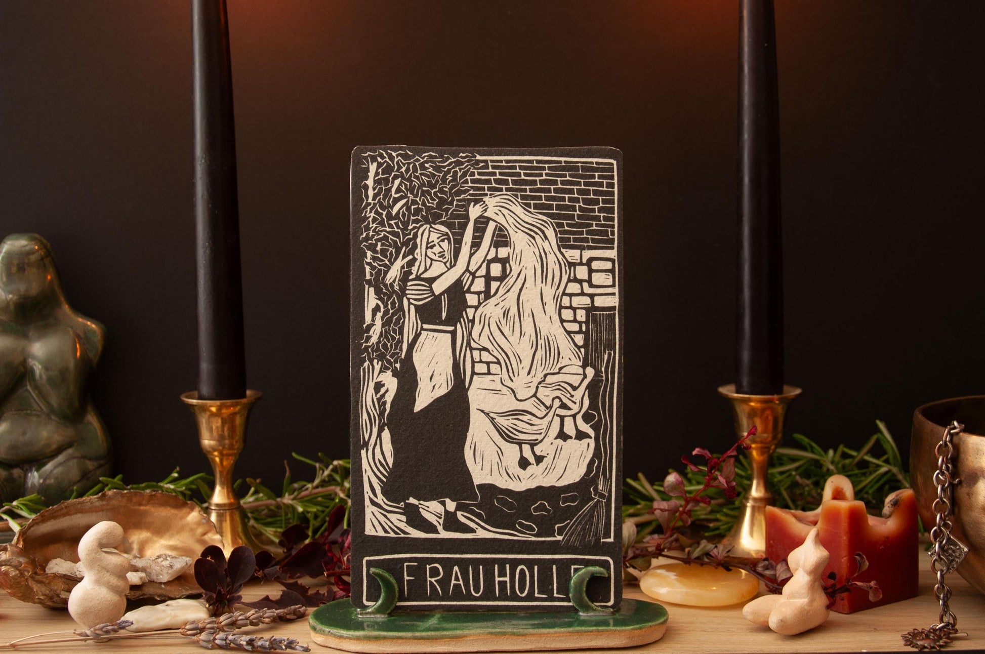 Frau Holle, Holda, Germanic goddess of domestic arts and winter Goddess guidance crone oracle card,  handmade linocut art.