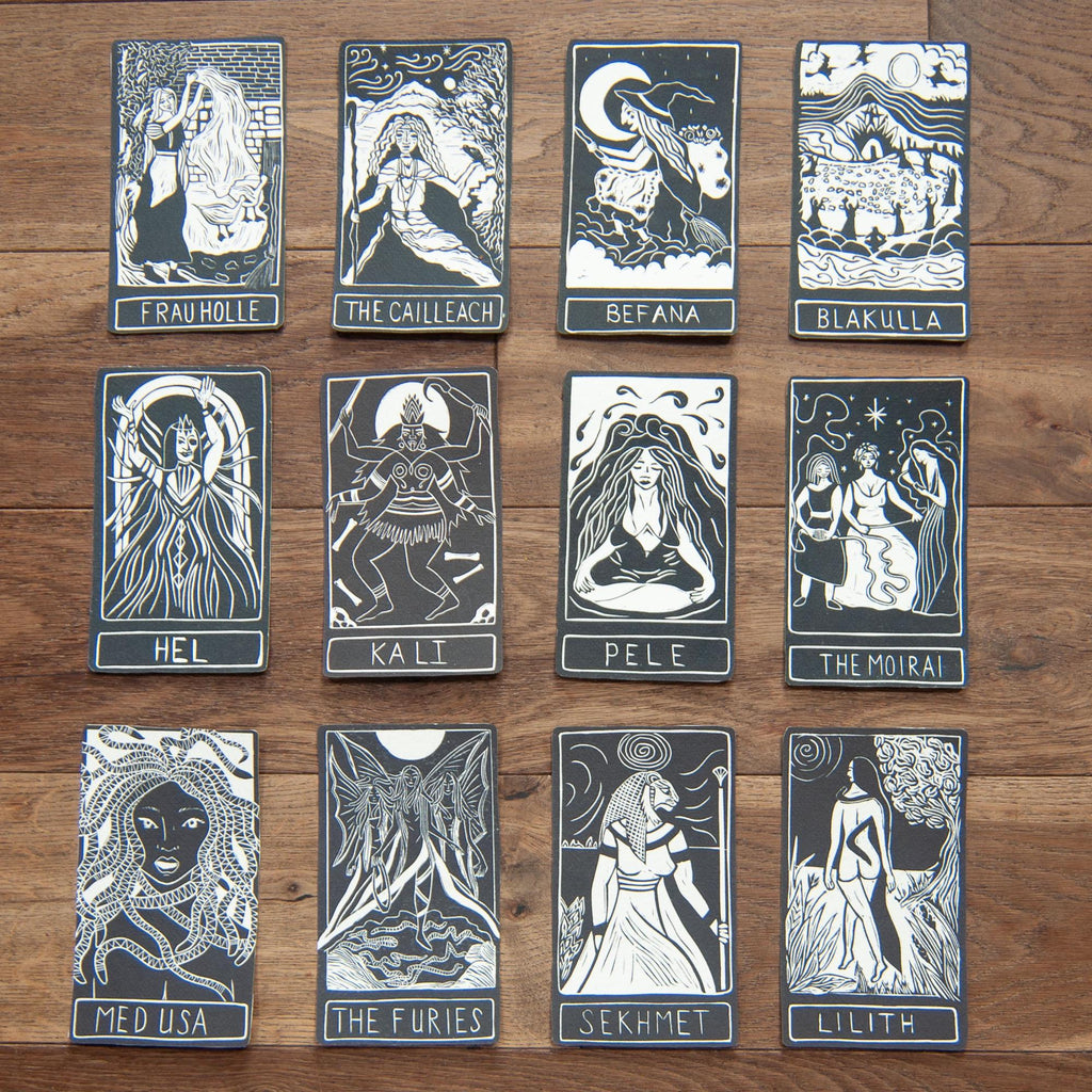 Frau Holle, Holda, Germanic goddess of domestic arts and winter Goddess guidance crone oracle card,  handmade linocut art.