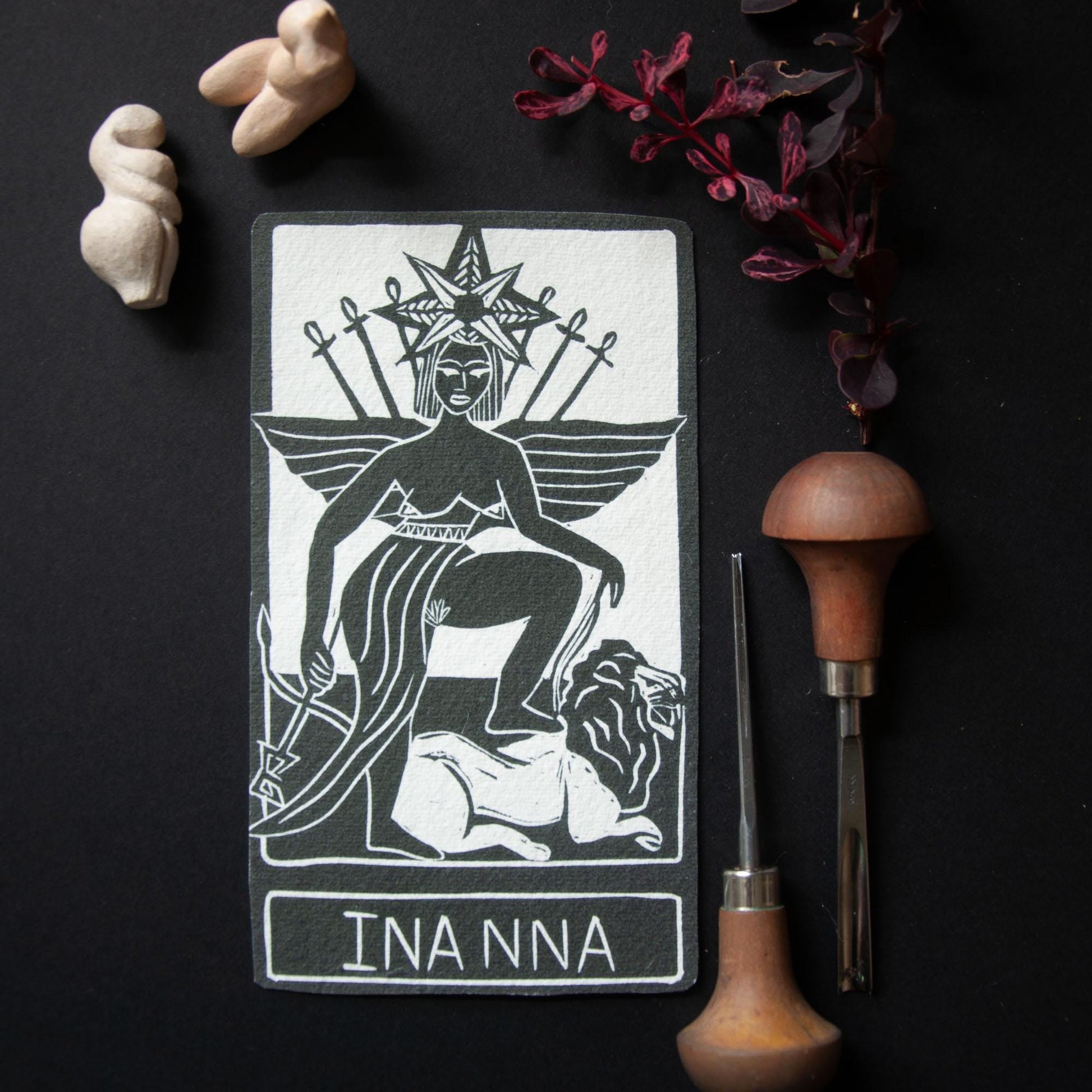 Inanna, Mesopotamian Goddess of war and love, Goddess guidance oracle card, handmade linocut art, eco-friendly gifts.