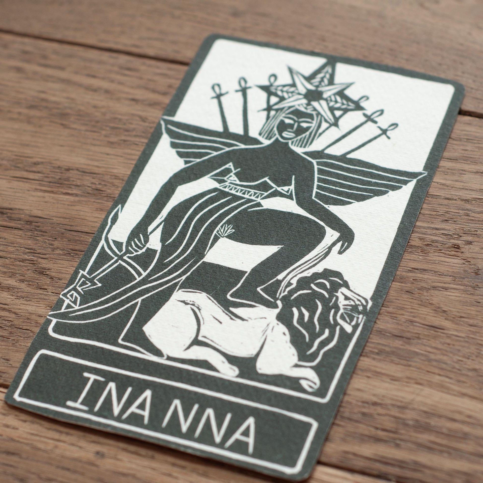 Inanna, Mesopotamian Goddess of war and love, Goddess guidance oracle card, handmade linocut art, eco-friendly gifts.