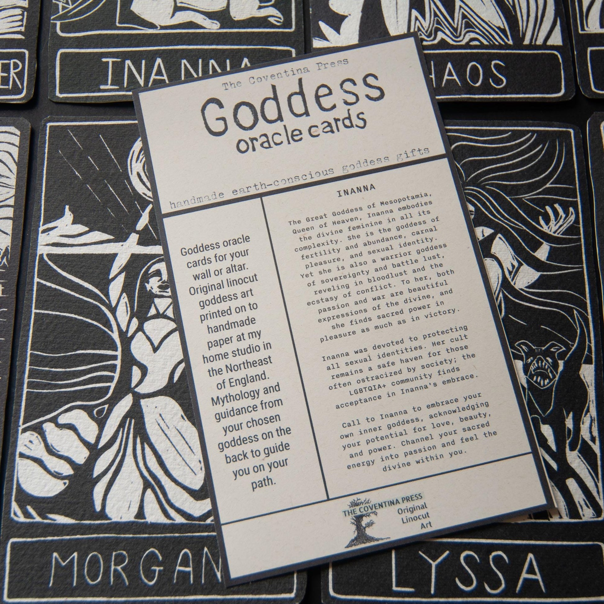 Inanna, Mesopotamian Goddess of war and love, Goddess guidance oracle card, handmade linocut art, eco-friendly gifts.