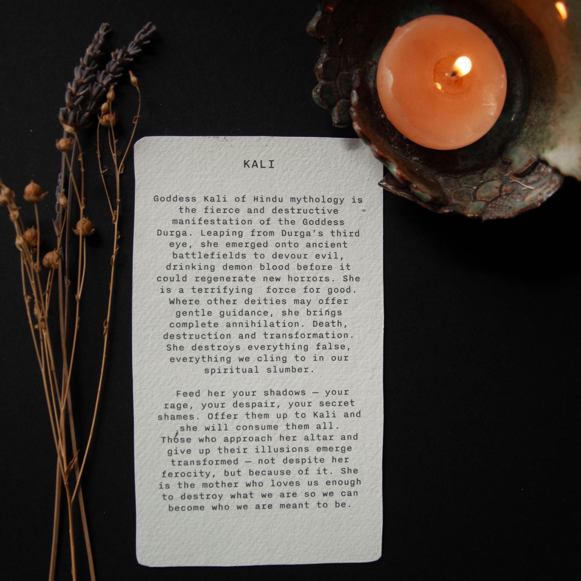 Kali, Hindu Goddess of Destruction, Goddess guidance oracle card, handmade linocut art, eco-friendly gifts.
