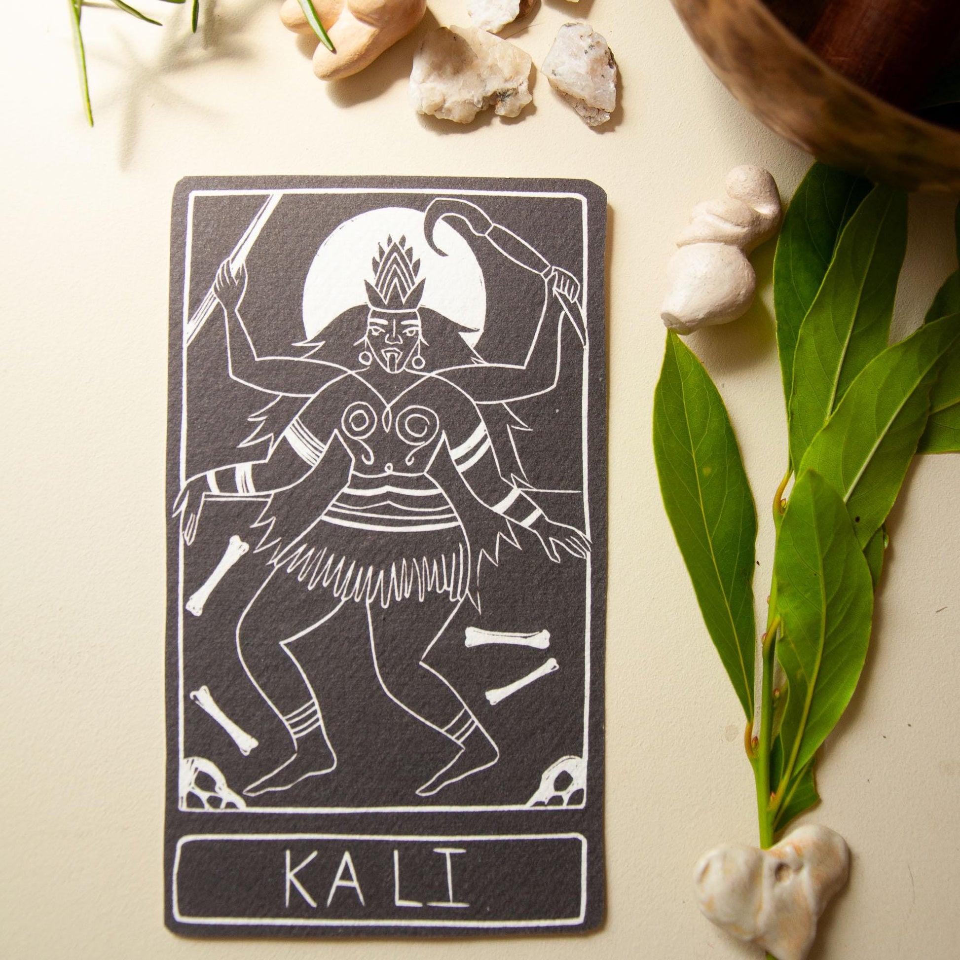 Kali, Hindu Goddess of Destruction, Goddess guidance oracle card, handmade linocut art, eco-friendly gifts.