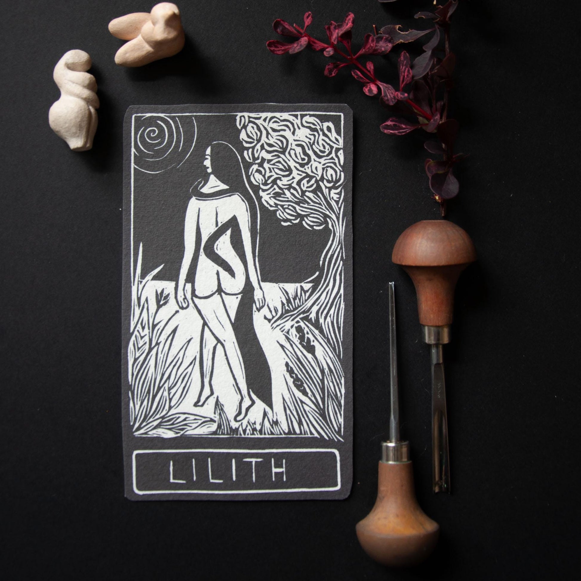 Lilith, Hebrew Goddess, the first woman, Goddess guidance oracle card, handmade linocut art, eco-friendly gifts.