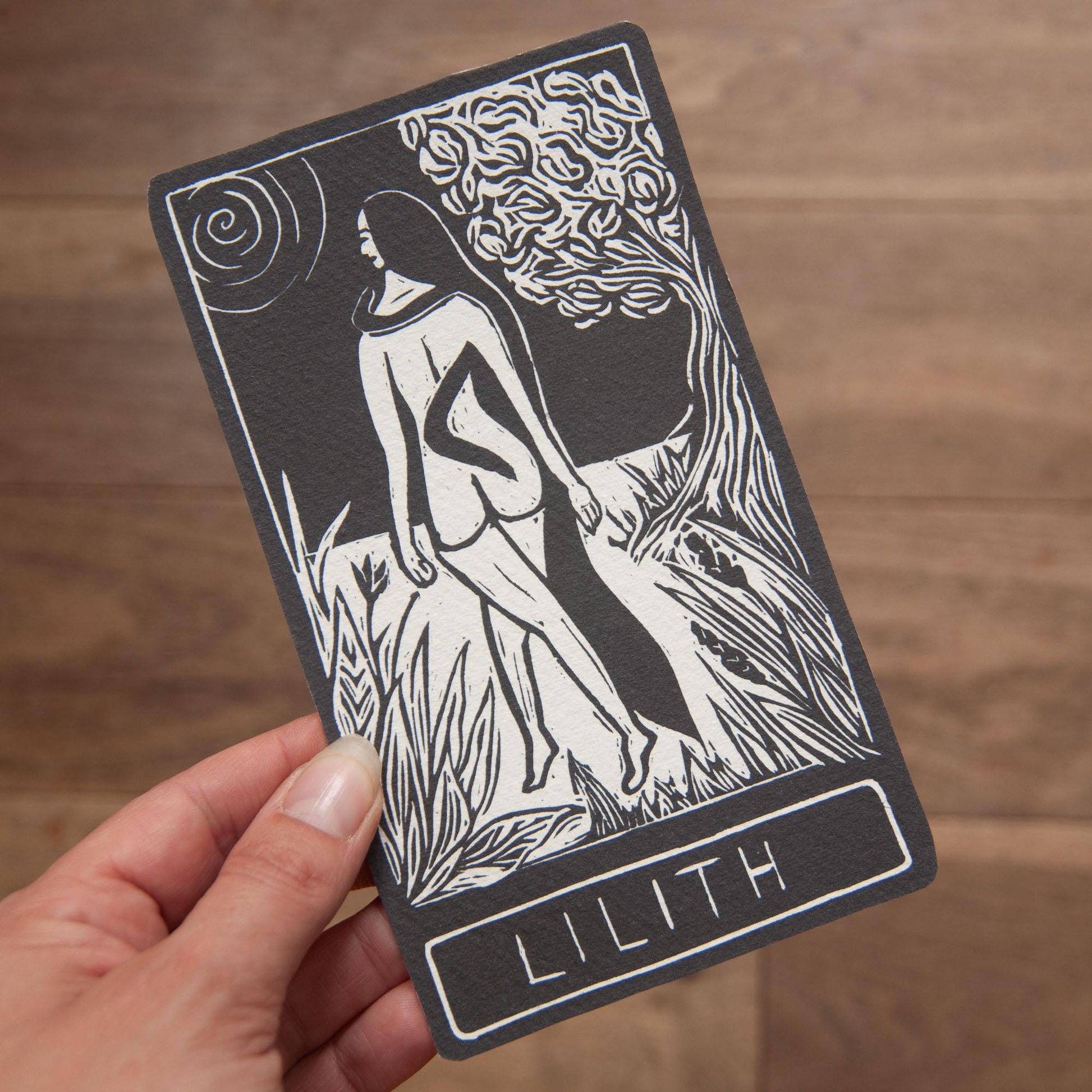 Lilith, Hebrew Goddess, the first woman, Goddess guidance oracle card, handmade linocut art, eco-friendly gifts.