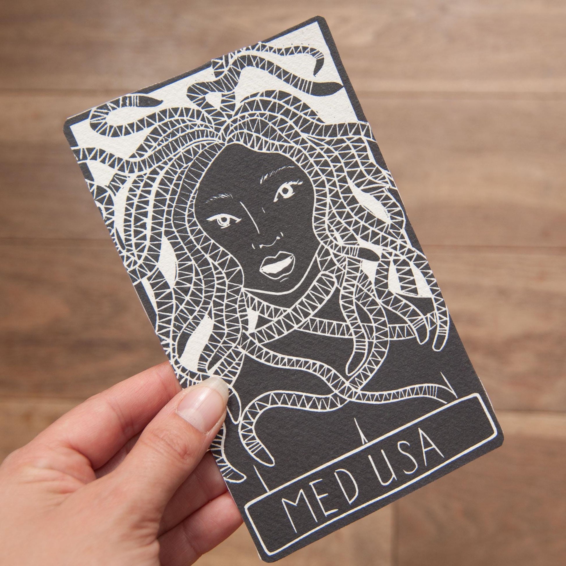 Medusa, Greek Goddess oracle cards handmade linocut art, eco-friendly gifts.